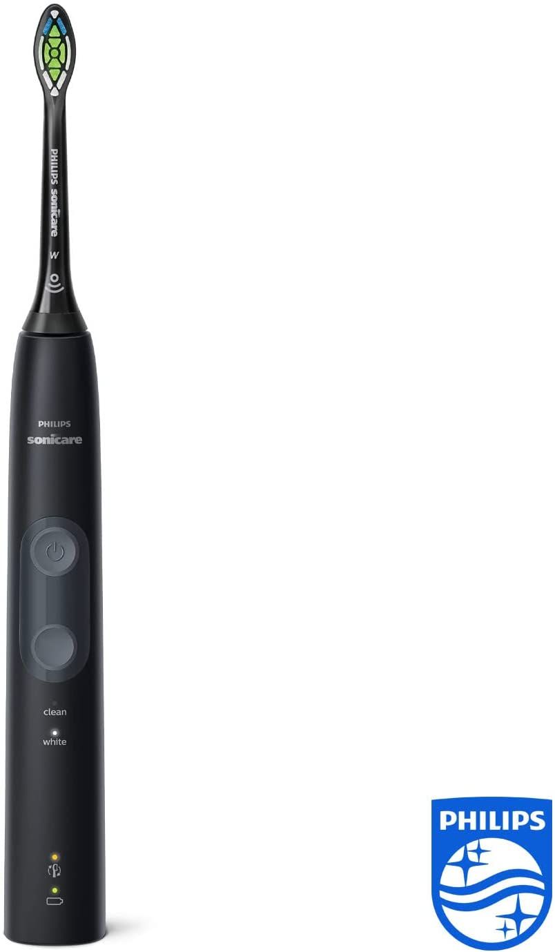 Zwarte elektrische tandenborstel. Philips Sonicare. Twee knoppen, 'clean' en 'white'.