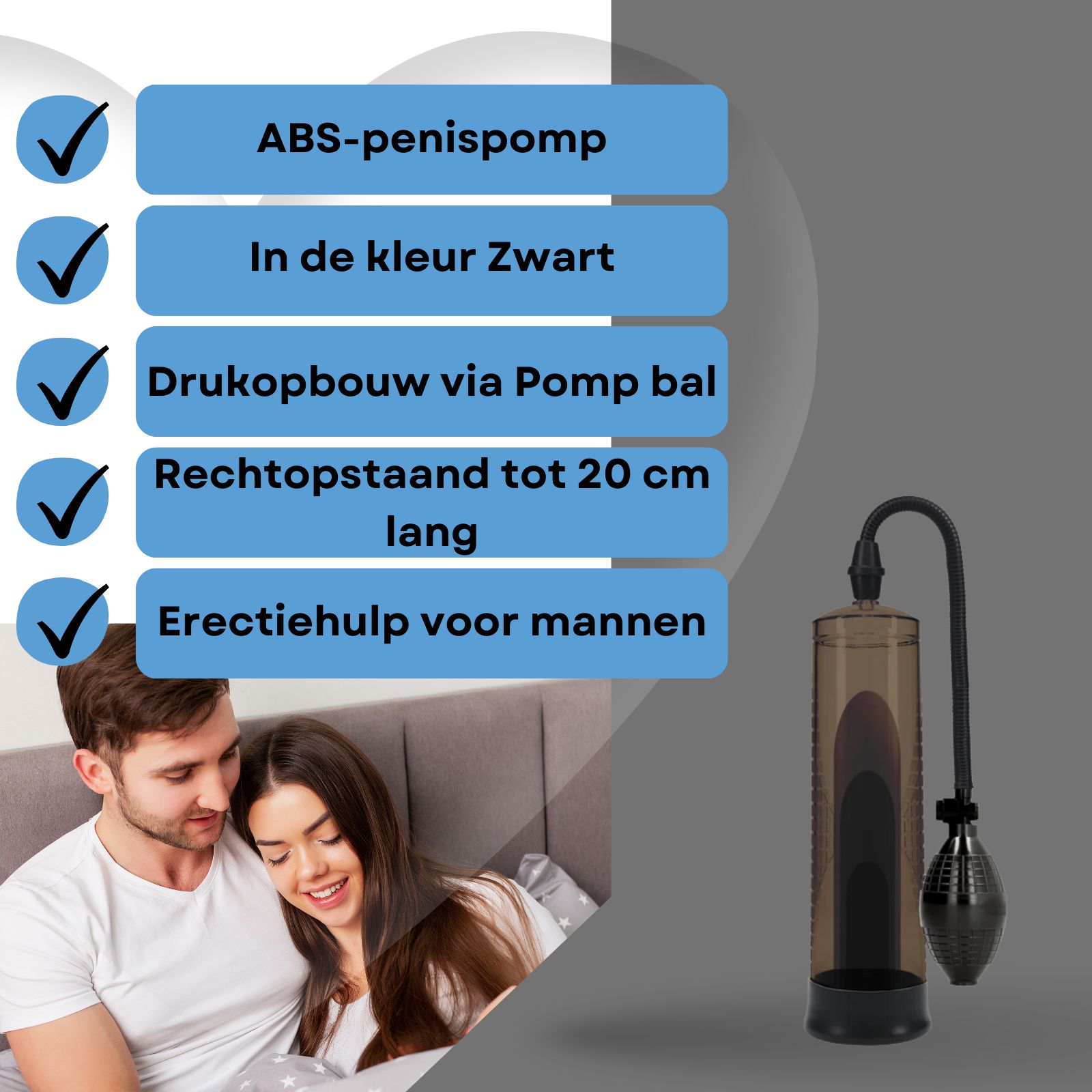 Penis pomp, zwart. Pompbal. Koppel in bed. Tekst: Erectiehulp voor mannen.