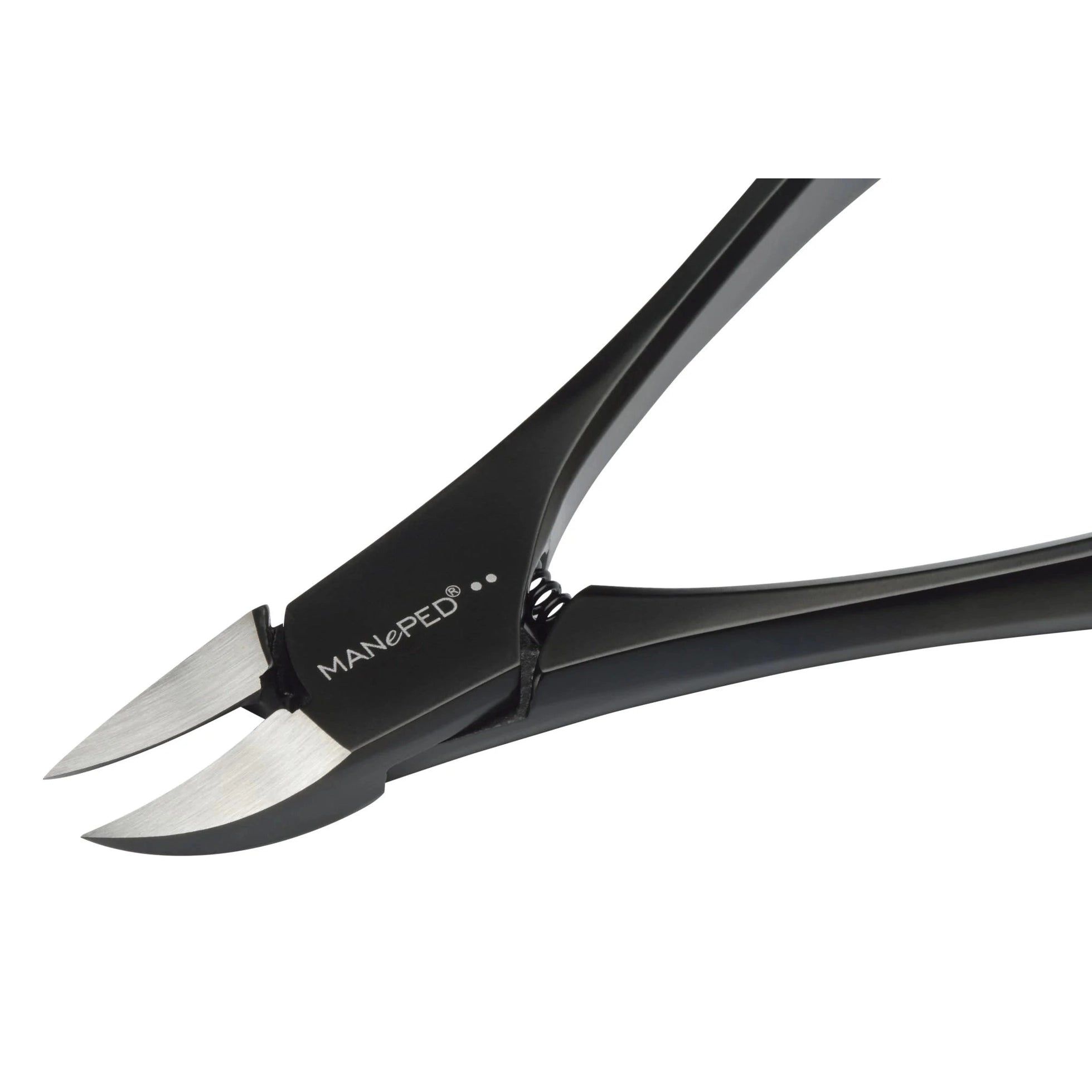 Pince à ongles noire, logo MANePED. Lames de coupe en métal, forme ouverte.