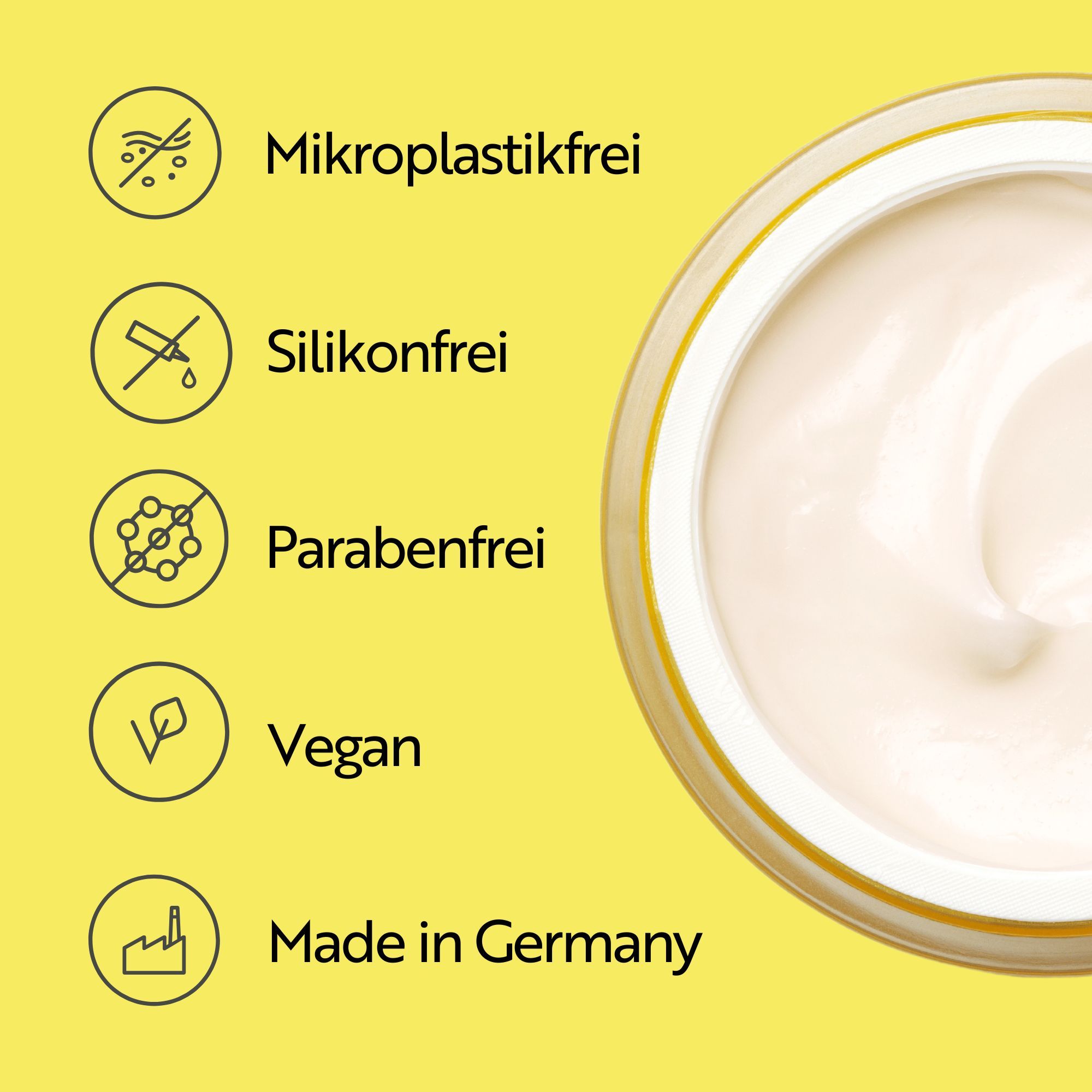 Crèmepot van bovenaf. Symbolen: Microplasticvrij, siliconenvrij, parabenenvrij, veganistisch, Made in Germany.