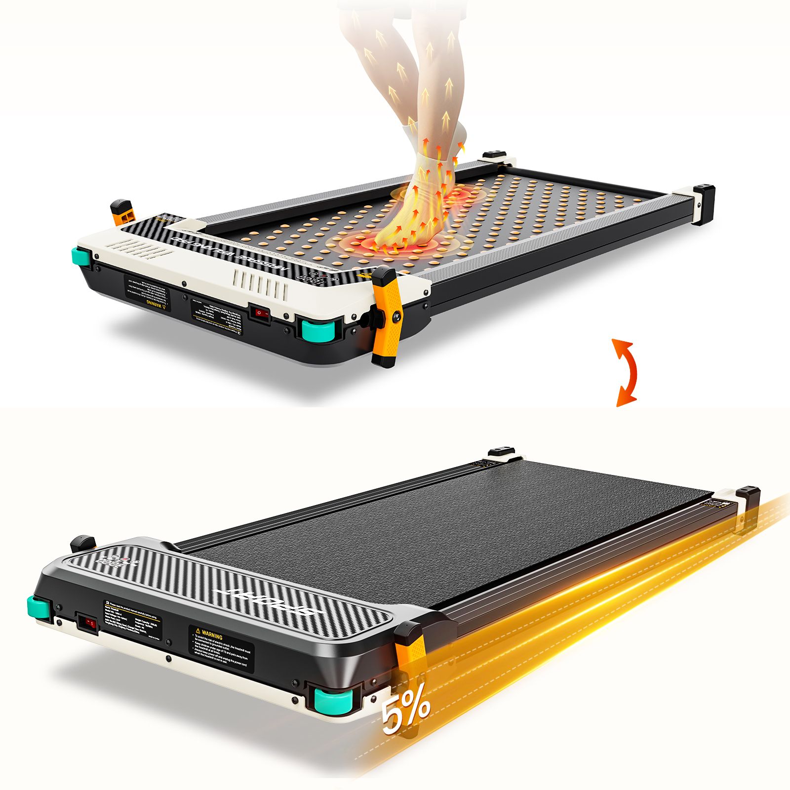 Platte, zwarte loopband met voetmassage-effect. Groen-zwarte details. Bovenste afbeelding: voeten op de loopband. Onderste afbeelding: loopband.