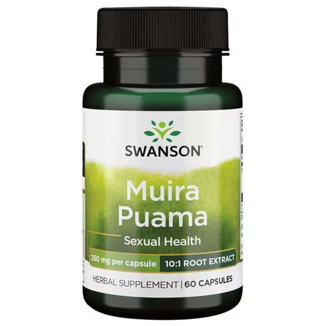 Flacon de gélules vertes. Inscription: SWANSON, Muira Puama, Sexual Health, 250 mg par gélule, extrait de racine 10:1, 60 gélules.