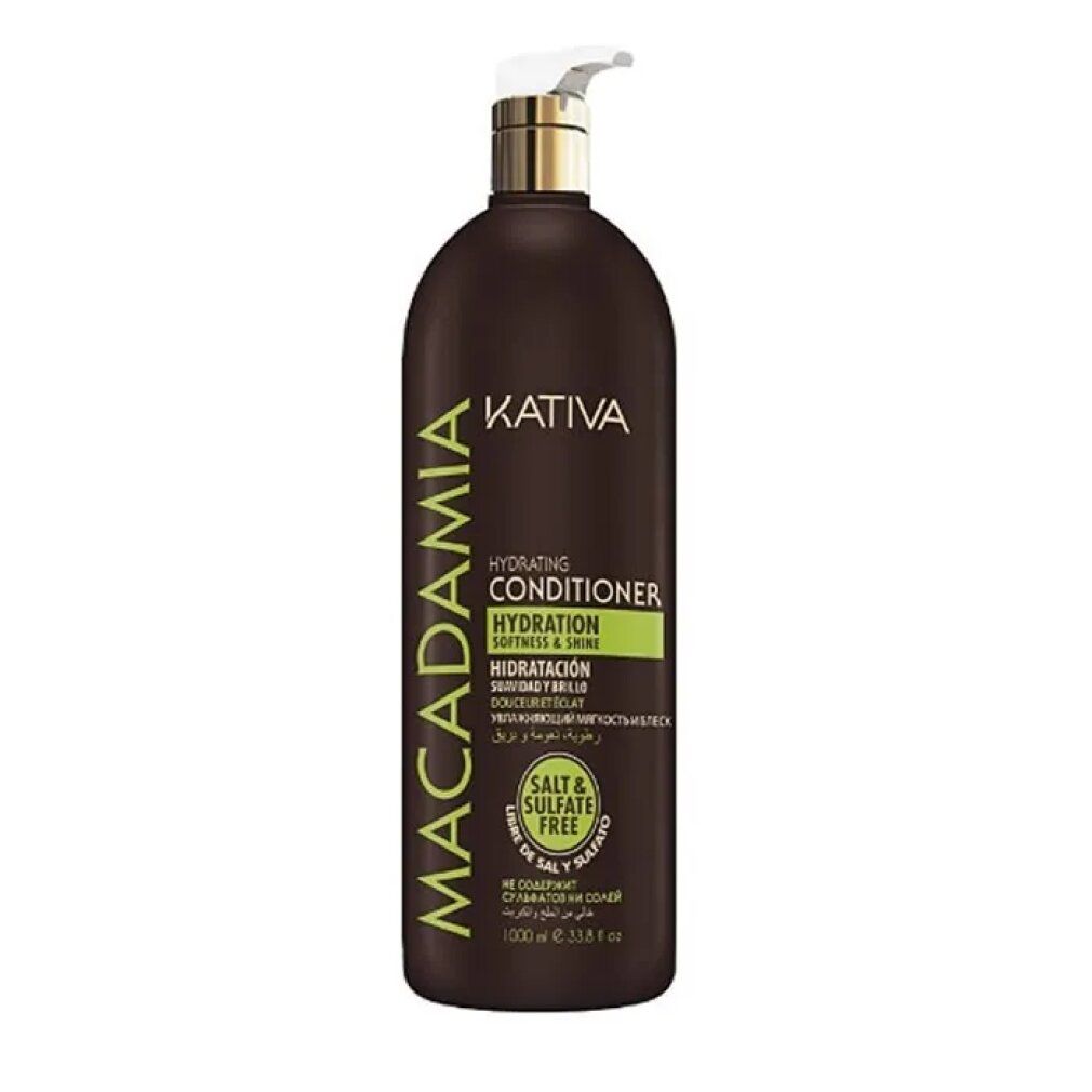Bruine fles Kativa Macadamia Conditioner. Witte pomp. Tekst: Hydrating Conditioner, Salt & Sulfate Free.