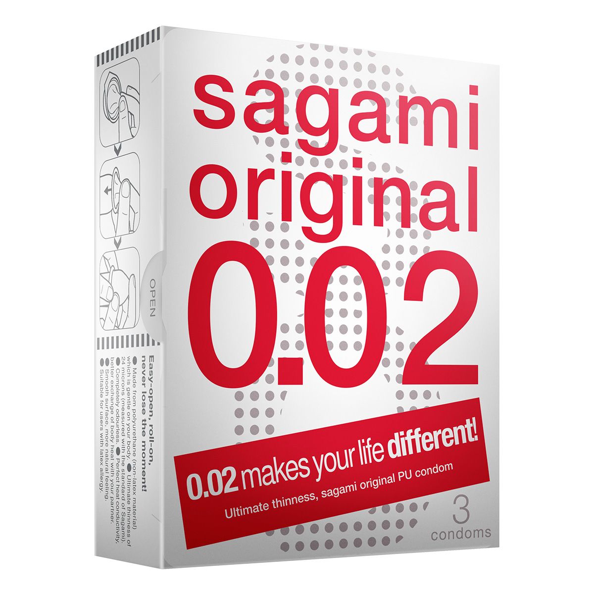 Witte verpakking met rode tekst "sagami original 0.02". Bevat 3 condooms. Tekst: "0.02 makes your life different!" en "Ultimate thinness, sagami original PU condom".