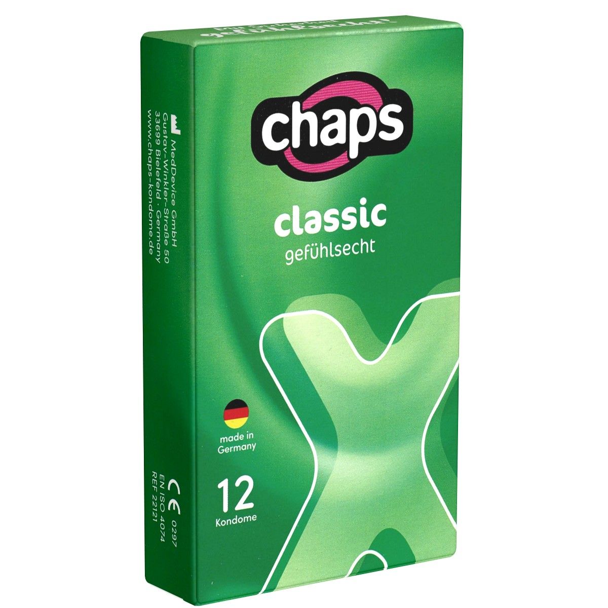 Chaps Classic préservatifs, 12 unités. Emballage vert avec écriture blanche et logo.