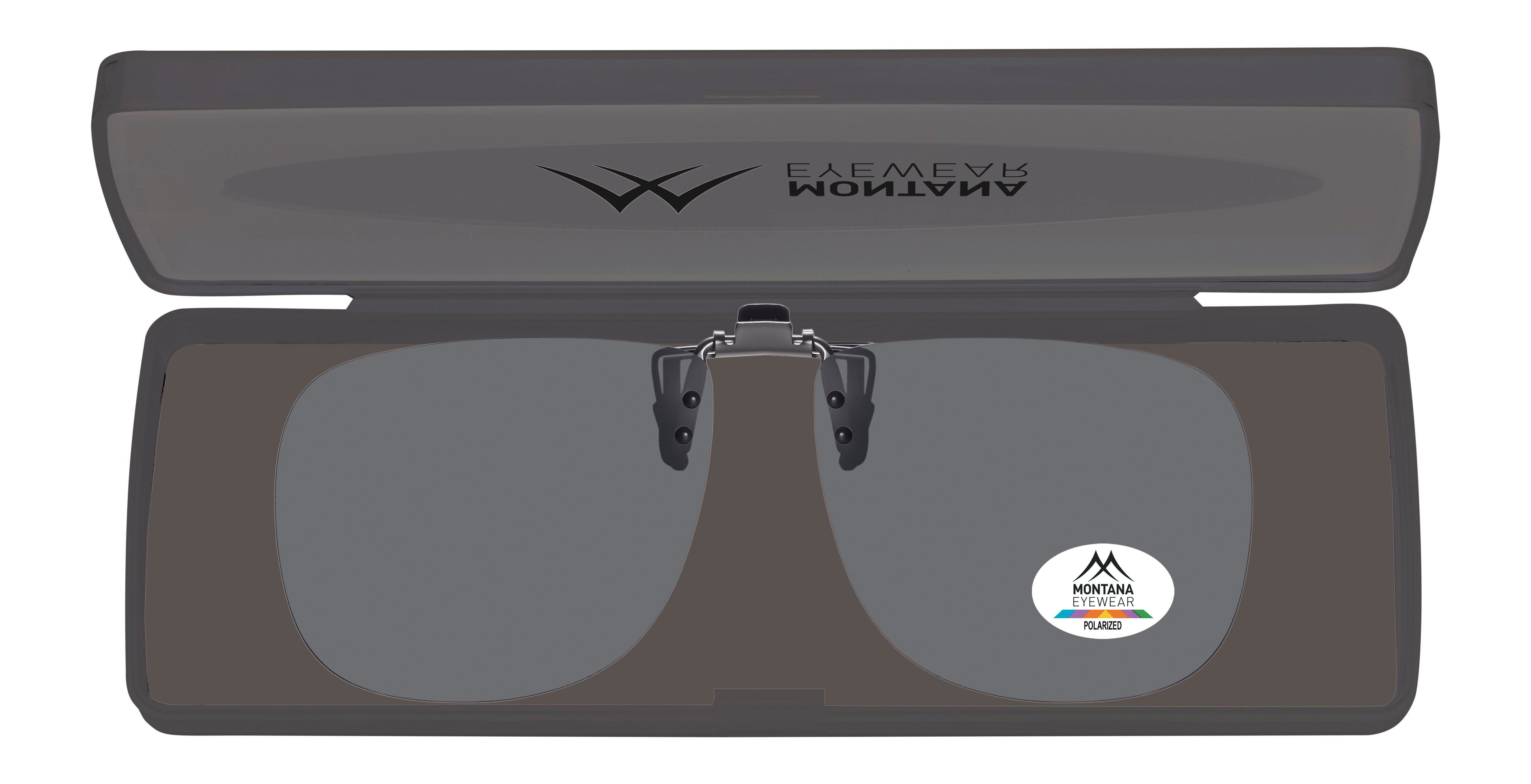 Lunettes de soleil dans un étui. Verres gris, logo Montana Eyewear. Étui avec logo de la marque.