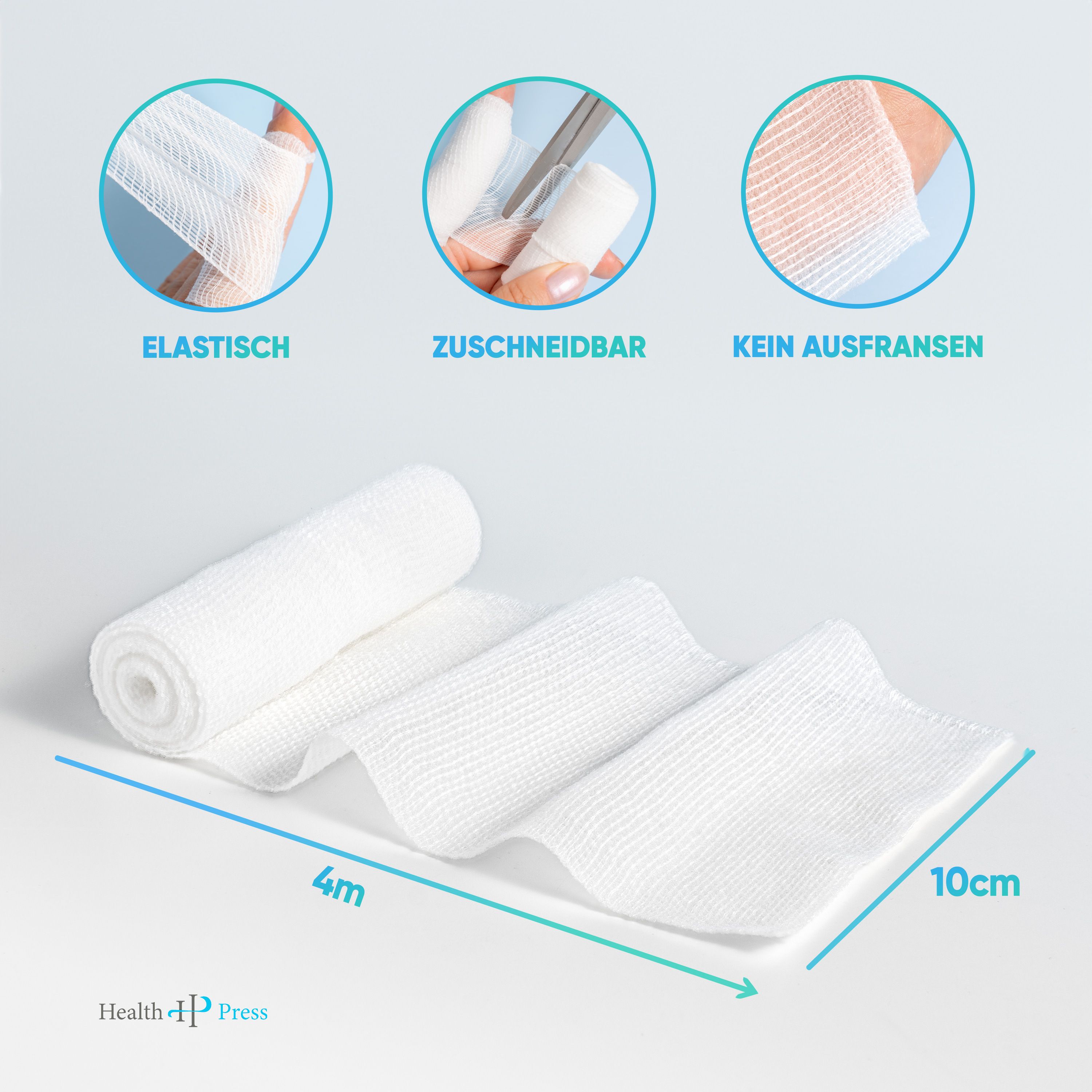 Bande déroulée. Dimensions: 4m de long, 10cm de large. Texte: Élastique, découpable, ne s'effiloche pas.
