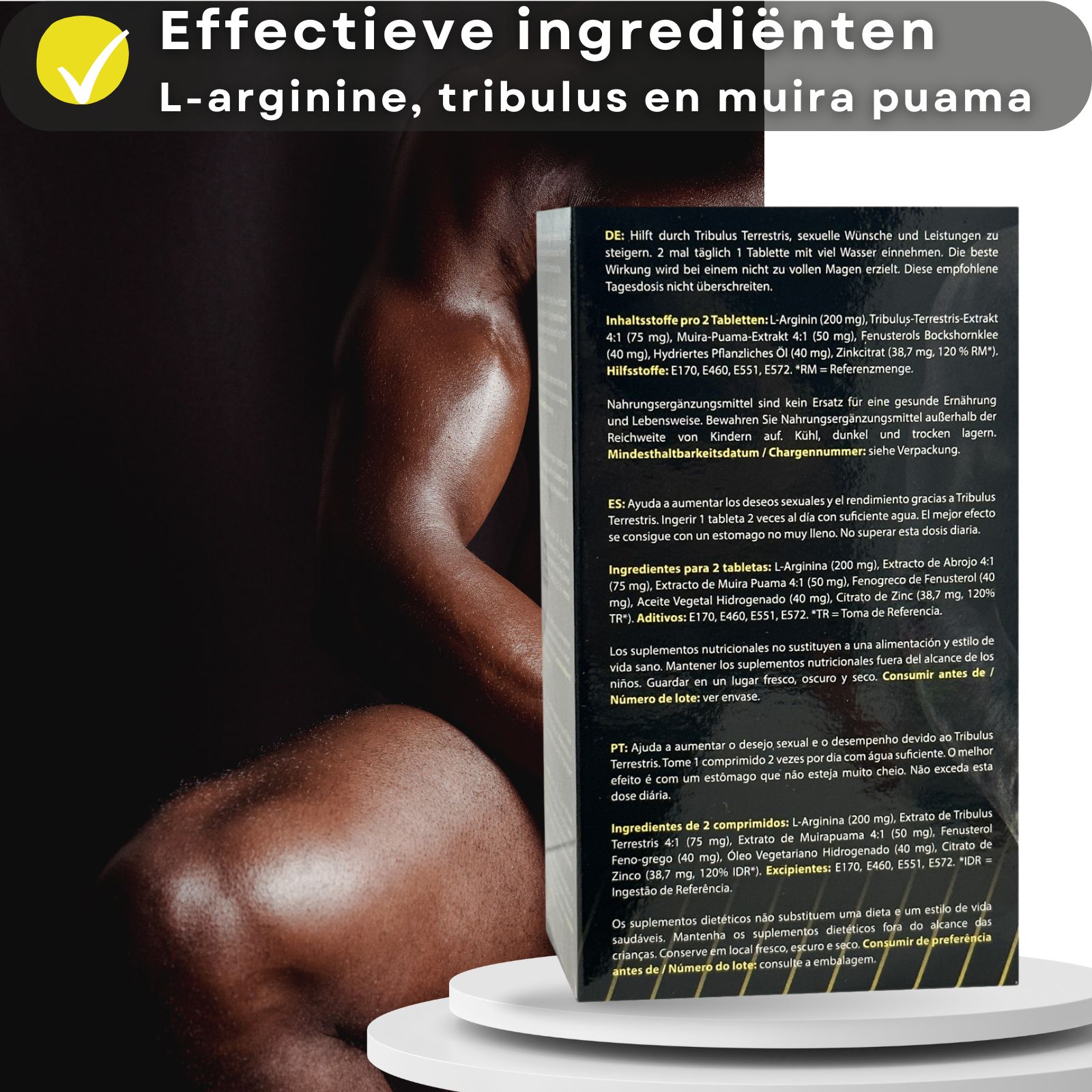Tablettenfles en tablet. Opschrift: PENIS XL. Ingrediënten: L-Arginine, Tribulus Terrestris, Muira Puama. Voedingssupplement.