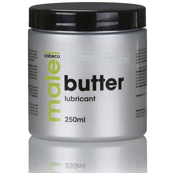 Zilverkleurige pot met zwarte deksel, opschrift 'male butter lubricant' en '250ml'.