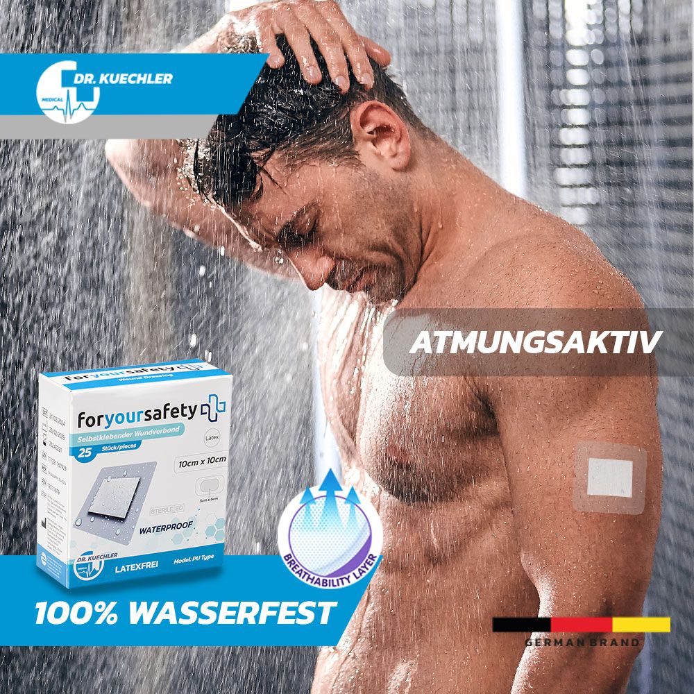 Homme sous la douche avec pansement. Inscription: foryoursafety, respirant, imperméable, sans latex.
