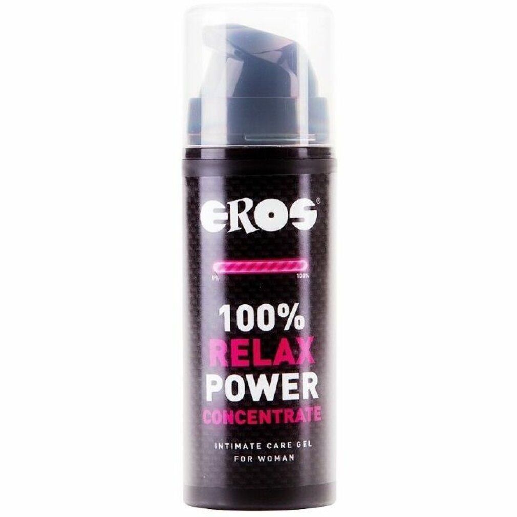 Concentré Eros Relax Power : flacon pompe, étiquette noire avec inscription rose.