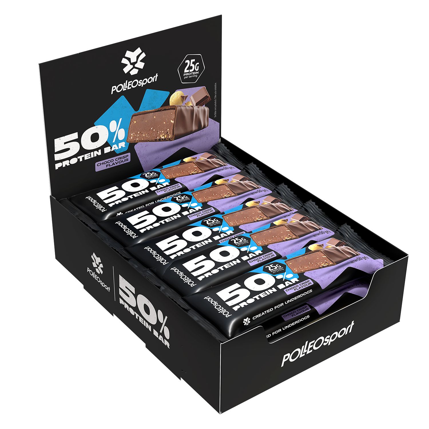 Displaydoos met Polleo Sport 50% Protein Bars, Choco Crisp Flavour. Meerdere repen zichtbaar. 25g eiwit per reep.