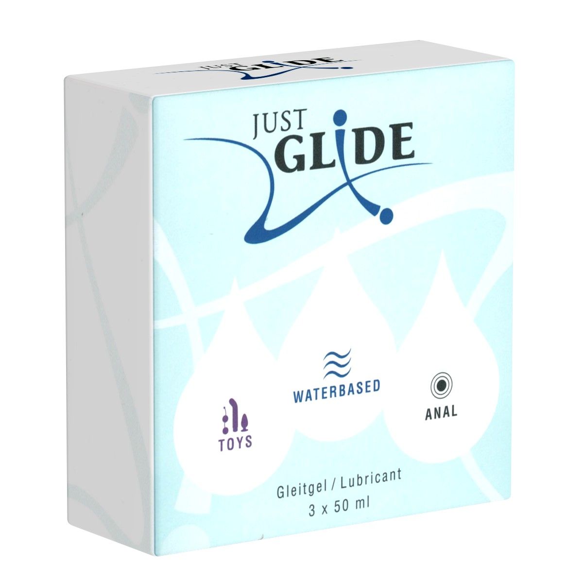 Emballage du set de lubrifiant « Just Glide » avec trois variétés : Toys, Waterbased, Anal.