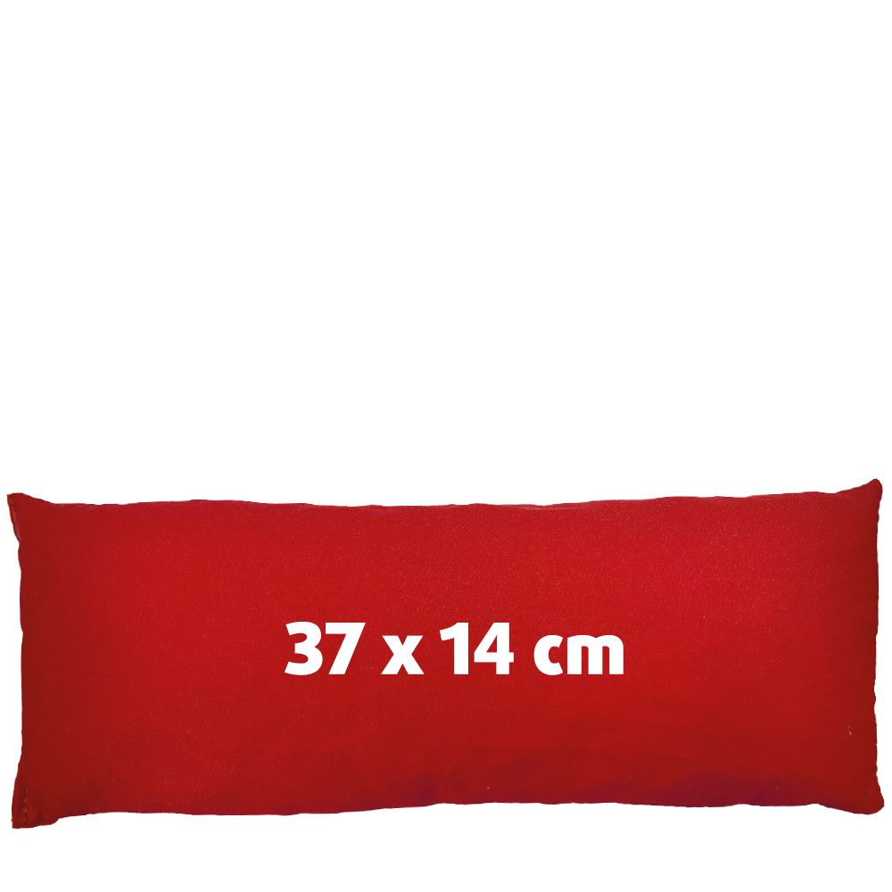 Rood, langwerpig kussen. Opschrift: 37 x 14 cm. Product zonder verpakking.