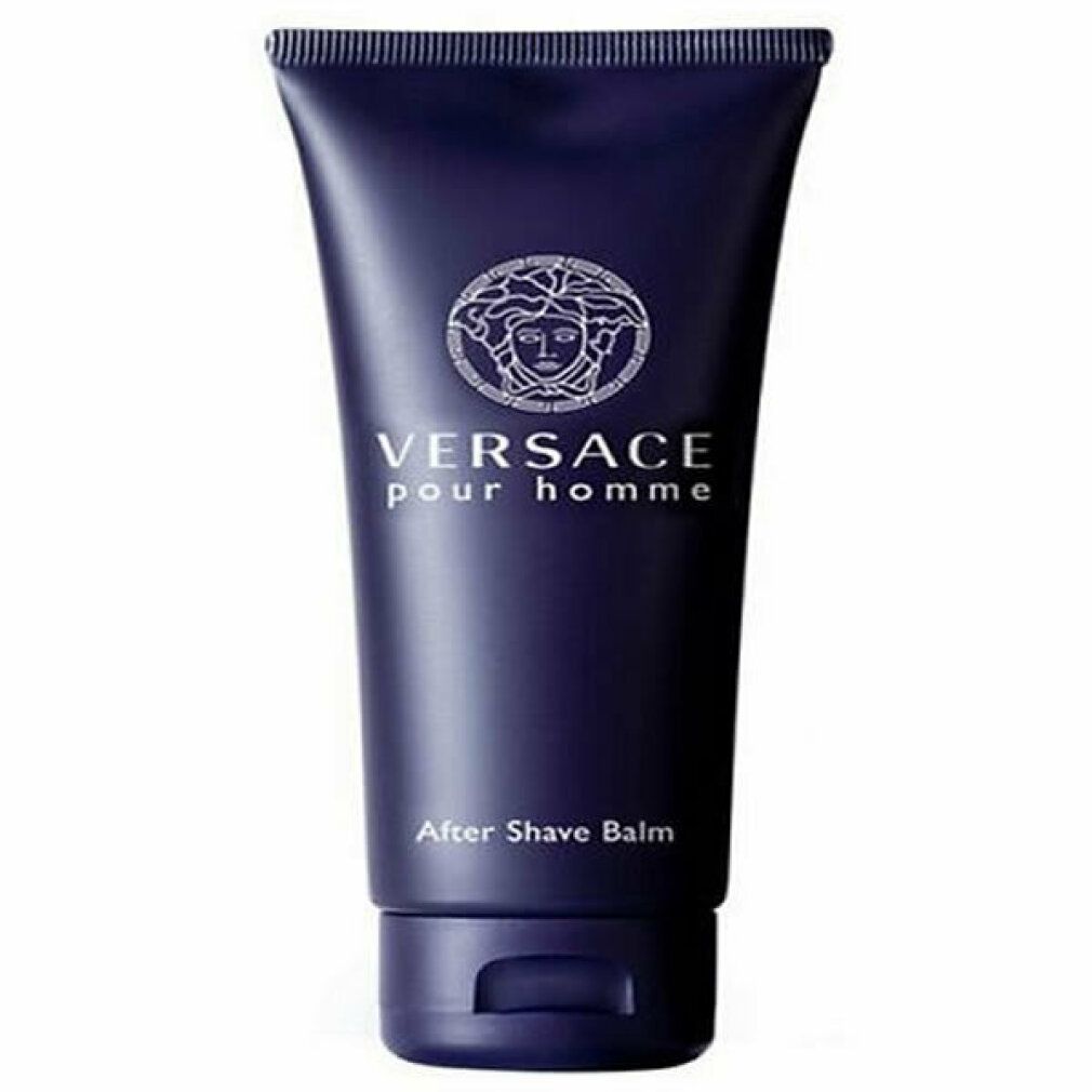 Donkerblauwe tube. Opschrift: VERSACE pour homme, After Shave Balm. Zilveren logo en tekst.