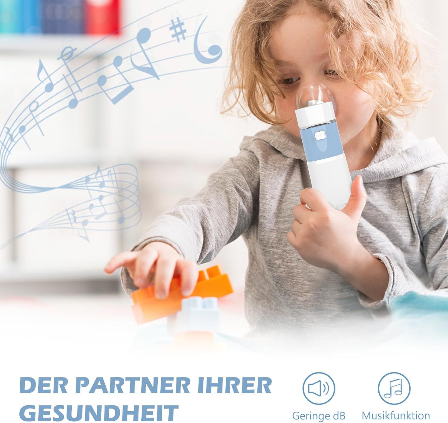 Enfant inhalant avec appareil. Appareil bleu et blanc, logo 'feellife'. Texte : Le partenaire de votre santé, faible dB, fonction musique.