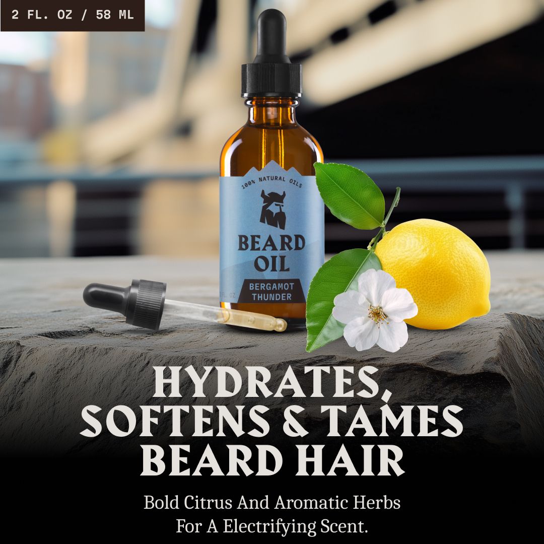 Bouteille d'huile à barbe 'Bergamot Thunder' avec pipette, citron et fleur.
