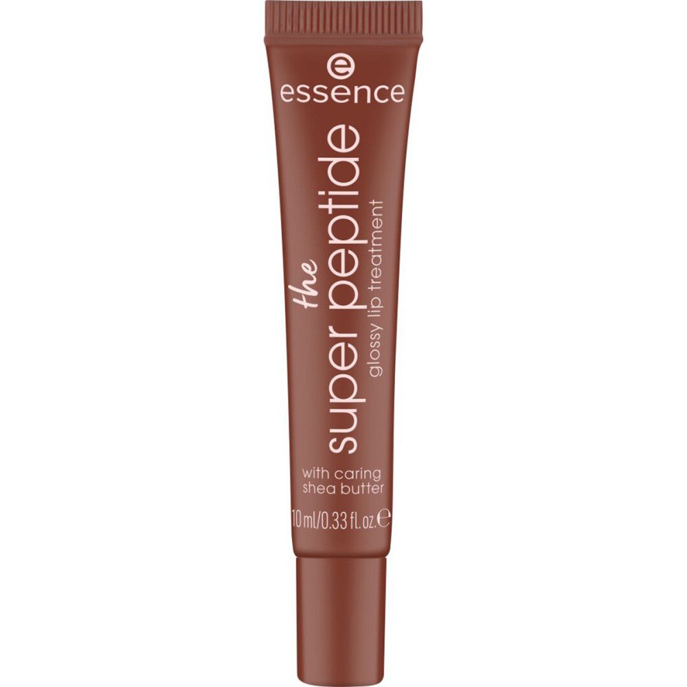 Bruine tube met productnaam en tekst. Bevat sheaboter. Merk: Essence. Glossy Lip Treatment.