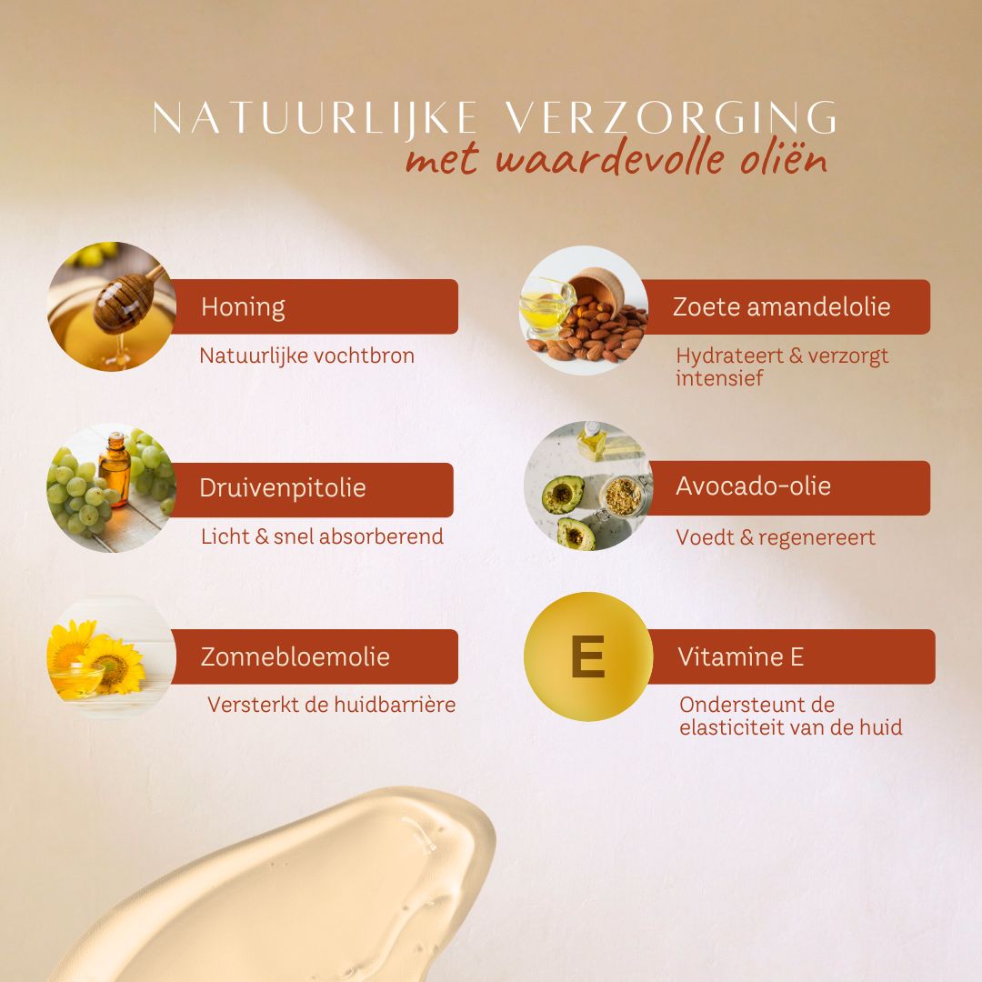 Vrouw brengt lichaamsolie aan op haar been, naast een fles en checklist.