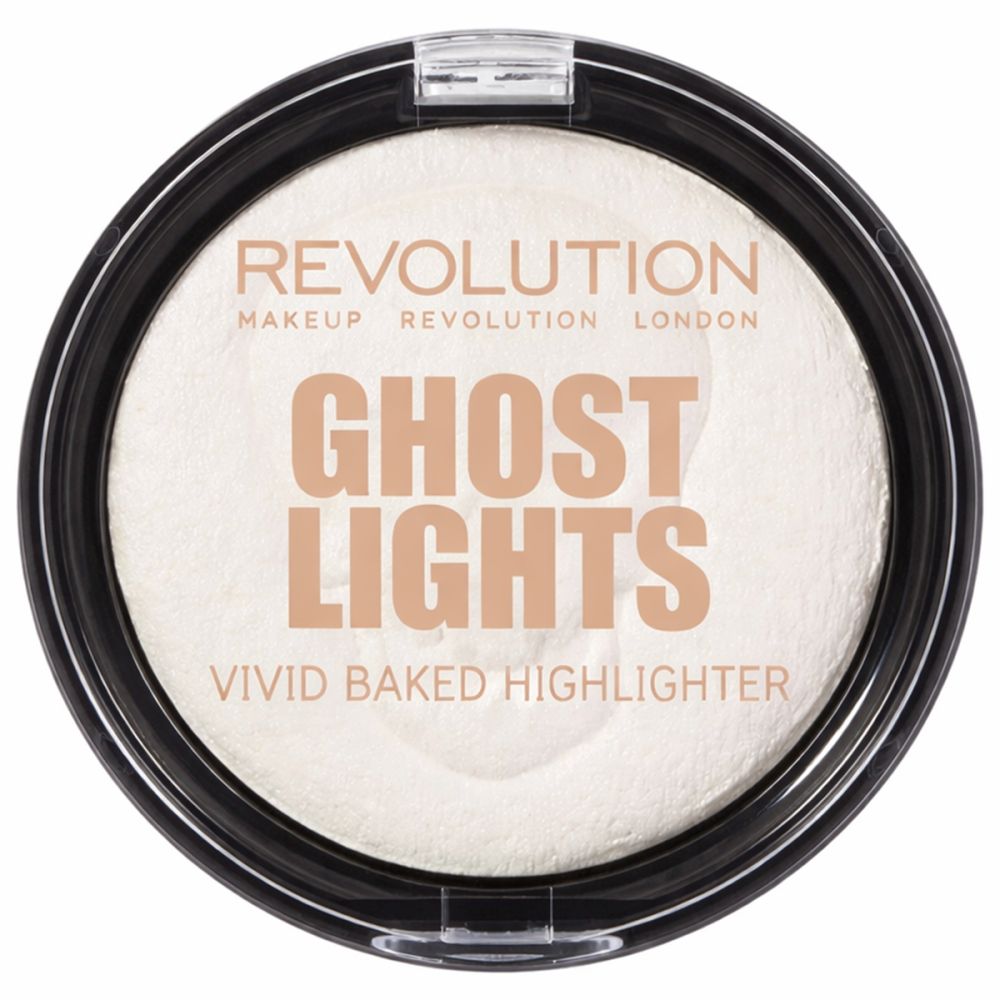 Boîtier rond noir contenant un enlumineur clair. Inscription: GHOST LIGHTS, VIVID BAKED HIGHLIGHTER. Marque: Makeup Revolution.