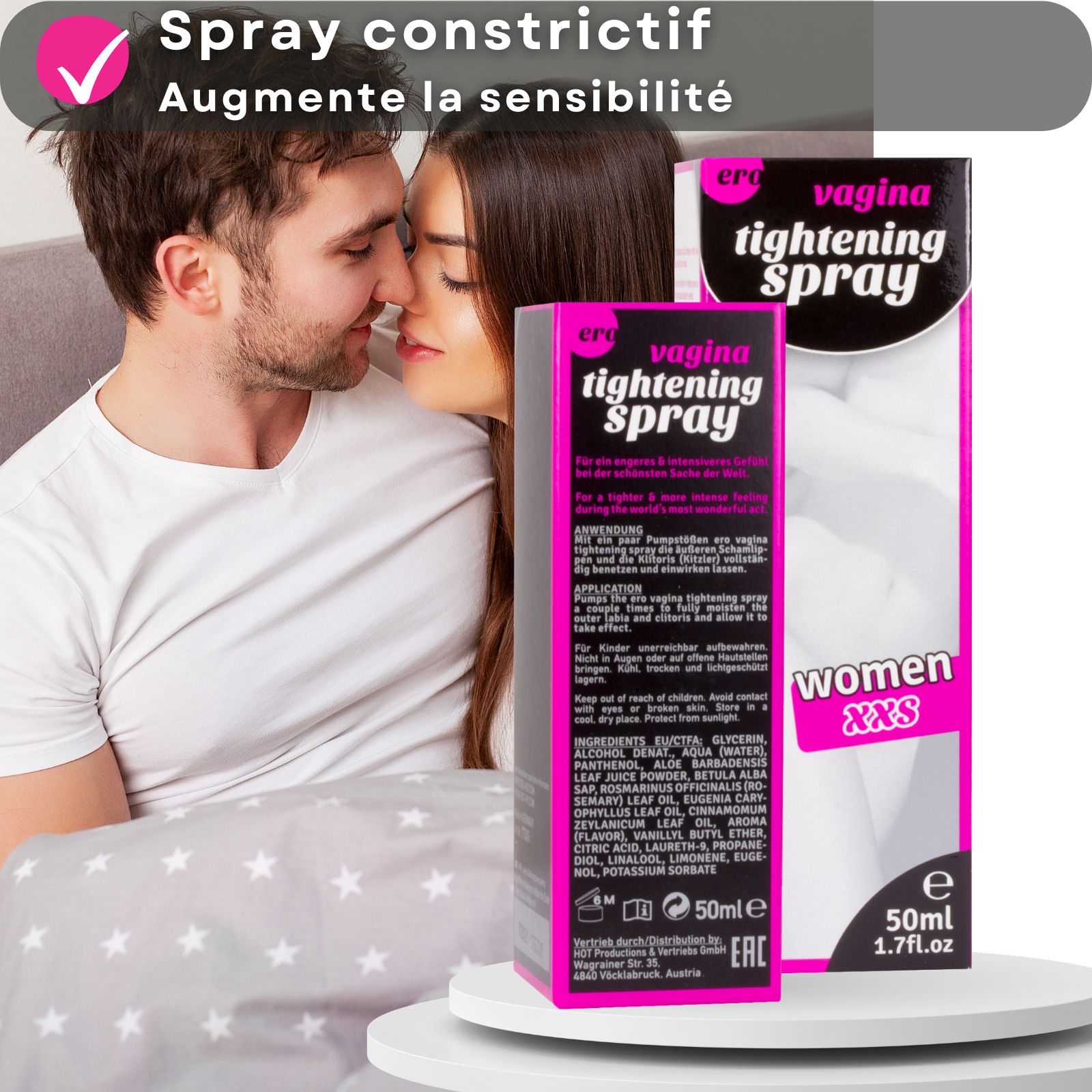 Flacon pulvérisateur noir et emballage. Couple s'embrassant. Texte avec avantages.