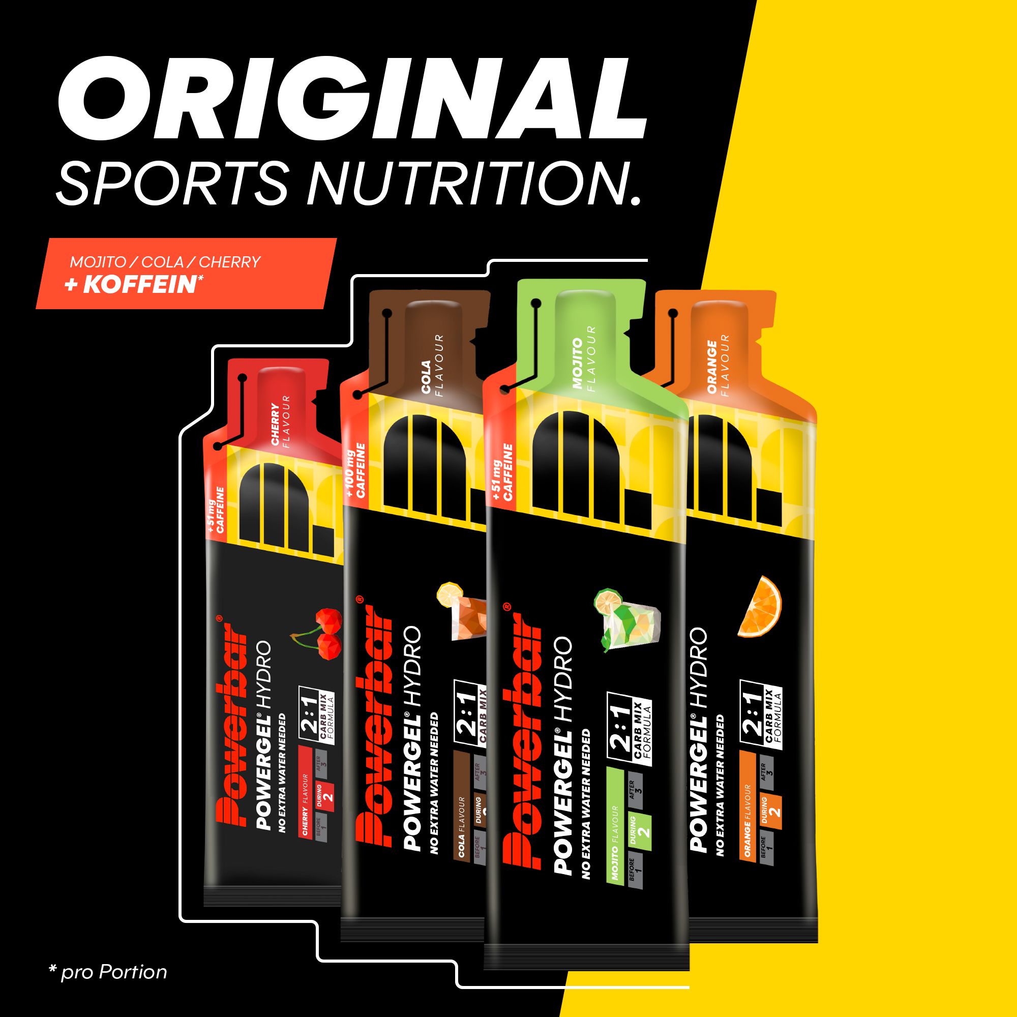 PowerBar PowerGel Hydro in vier smaken. Zwarte verpakking met gele accenten. Bevat cafeïne. Opschriften: 2:1 Carb Mix Formula.