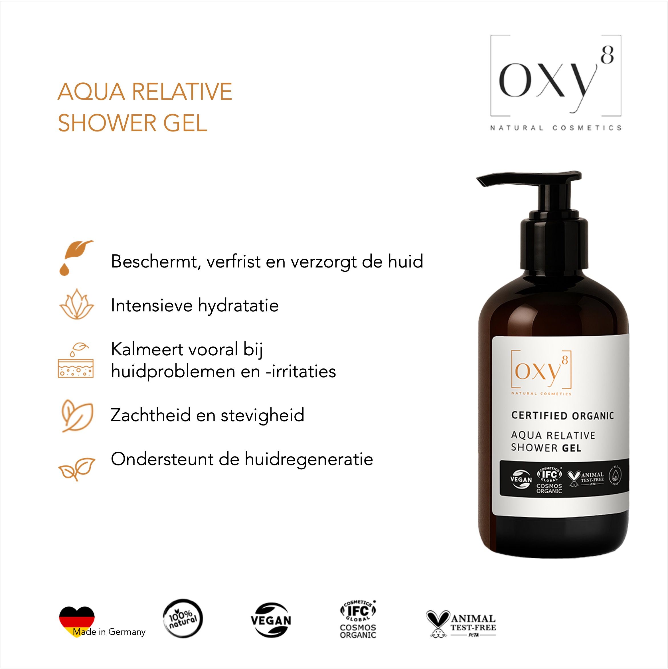 Een fles met zwarte pomp en etiket. Tekst: "oxy8", "Aqua Relative Shower Gel", certificeringen.