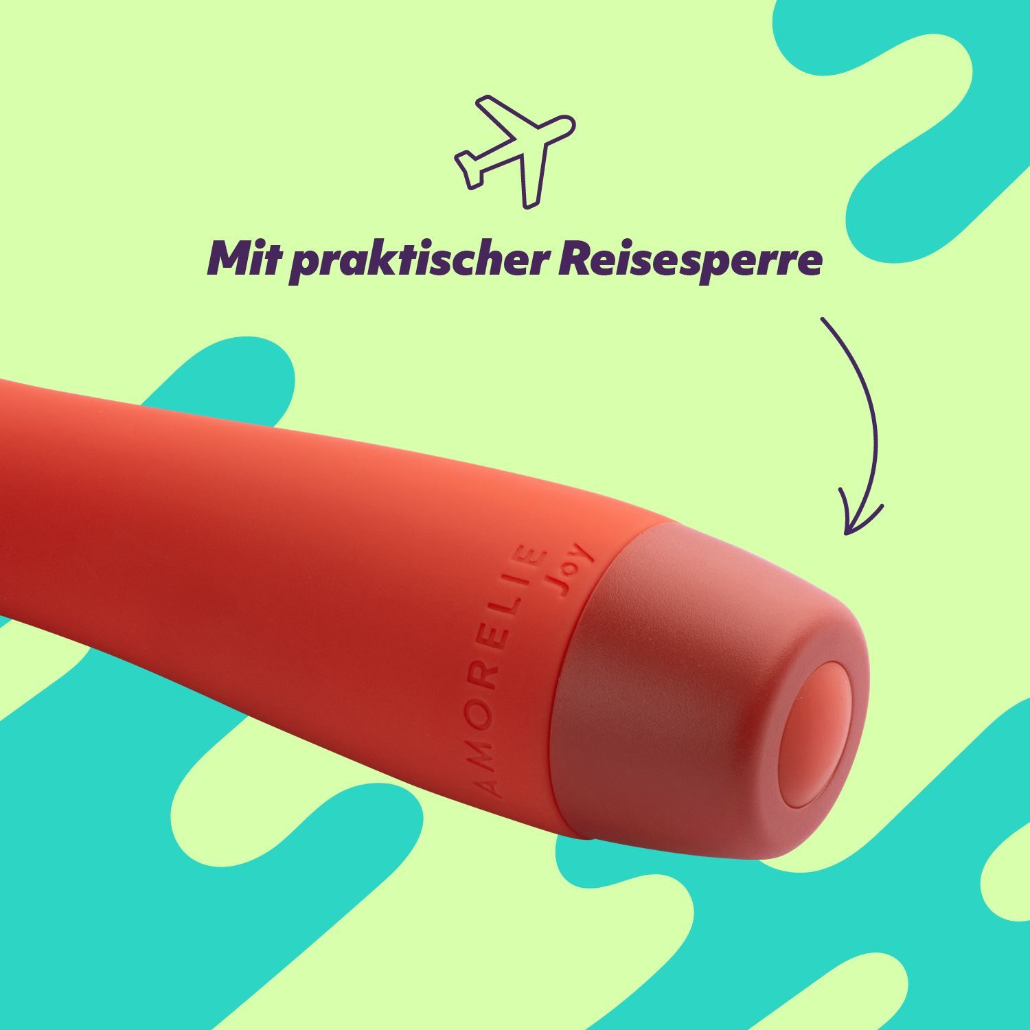 Vibrateur rouge avec verrouillage de voyage. Texte: Avec verrouillage de voyage pratique.