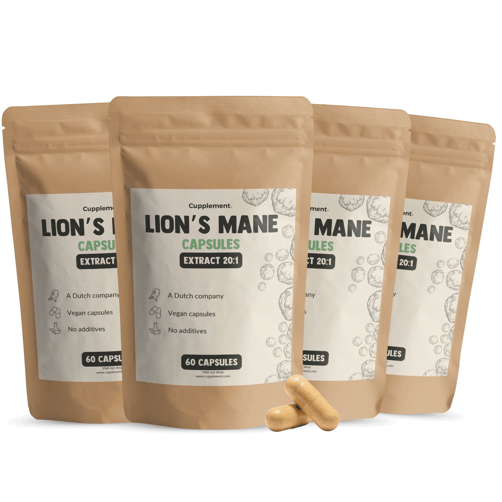 Meerdere zakjes met capsules. Opschrift: Lion's Mane Capsules Extract 20:1. 60 capsules. Twee capsules ernaast.