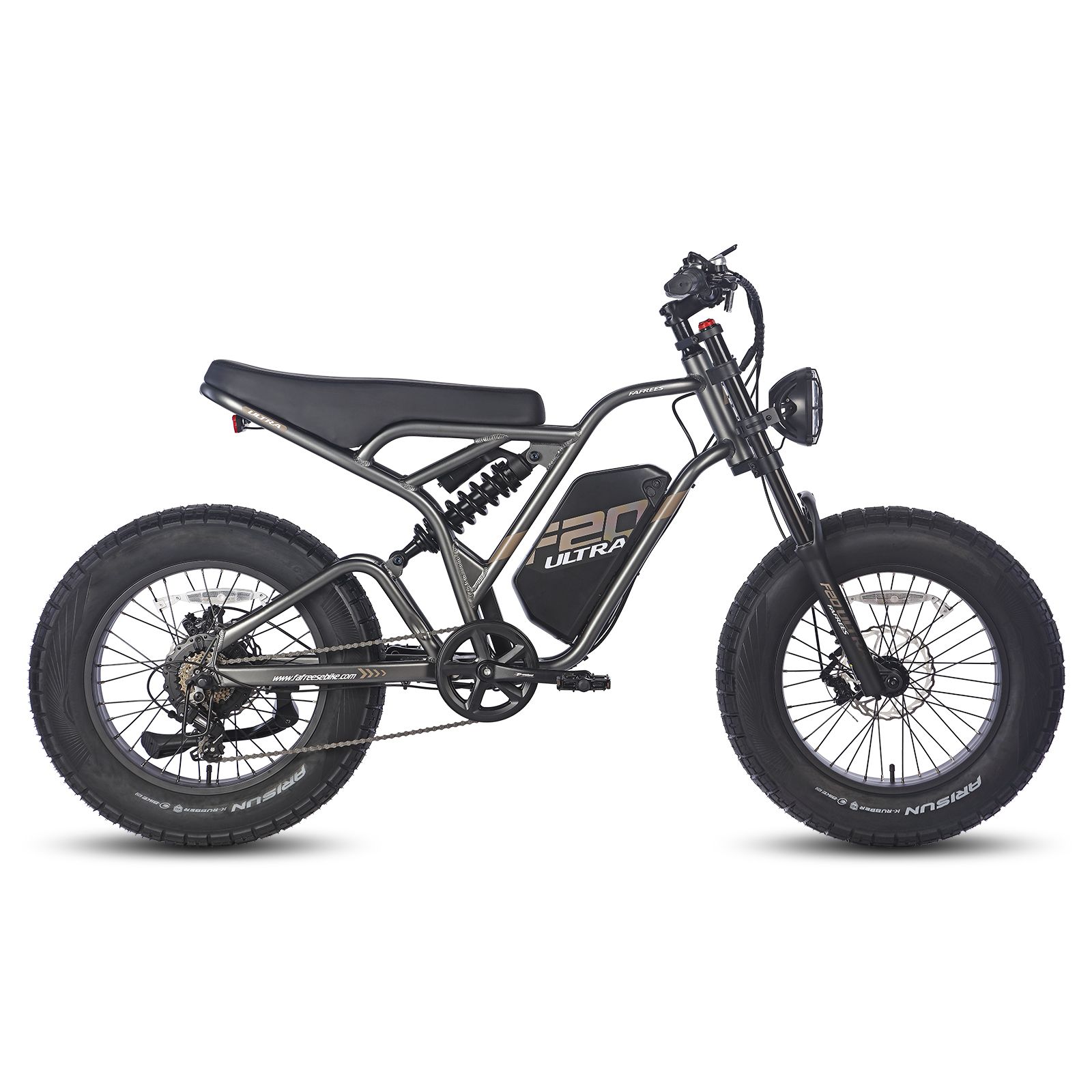 Grijze e-dirtbike met zwarte banden. Zichtbaar: zadel, motor, koplamp, F20 Ultra-logo.