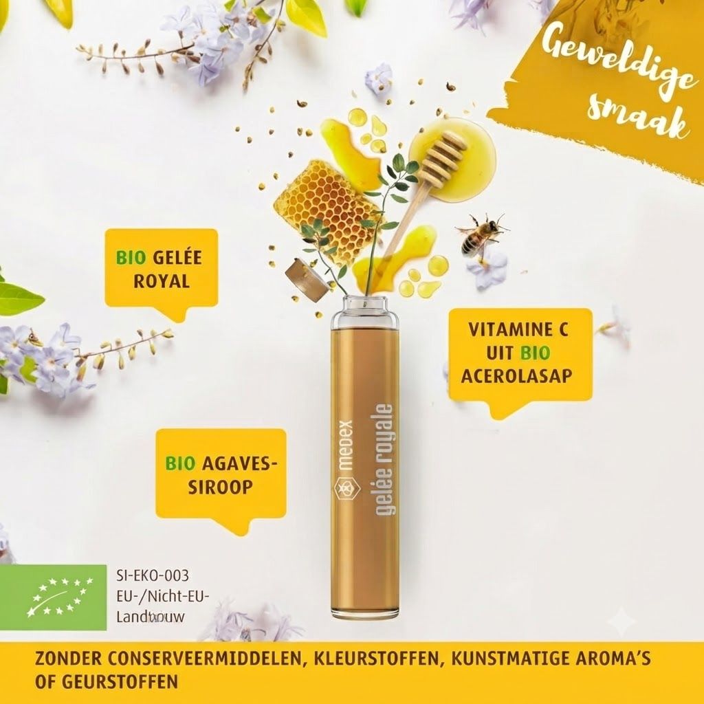 Medex Gelée Royale Forte doos met 10 ampullen, één losse ampul ernaast.