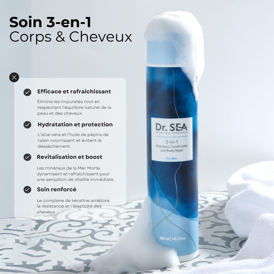 Flacon avec texte : "Dr. SEA 3-en-1".