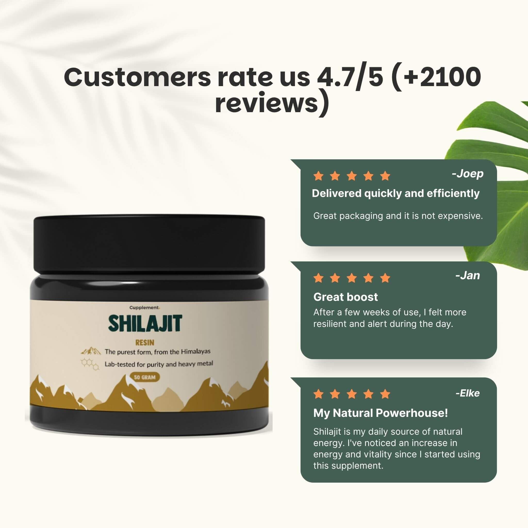 Pot de Shilajit. Texte: Les clients nous évaluent 4,7/5. Citations de clients. Évaluations 5 étoiles.