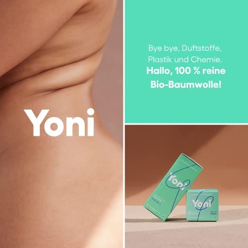 Combinaison de texte et d'images. Logo Yoni, texte: Bye bye, parfums, plastique et chimie. Bonjour, 100% coton bio pur!