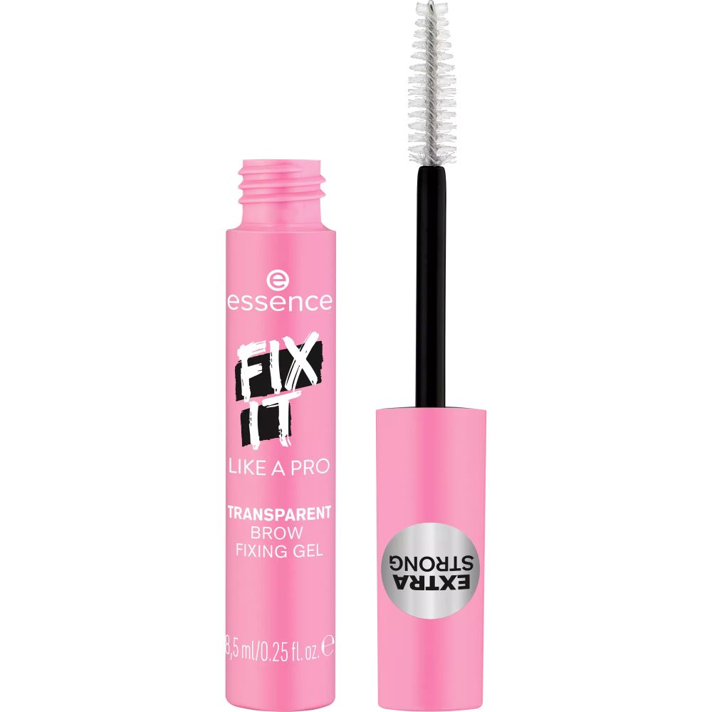 Open roze wenkbrauwgel tube met borstel. Sticker "EXTRA STRONG". Tekst: "essence", "FIX IT LIKE A PRO", "TRANSPARENT BROW FIXING GEL".