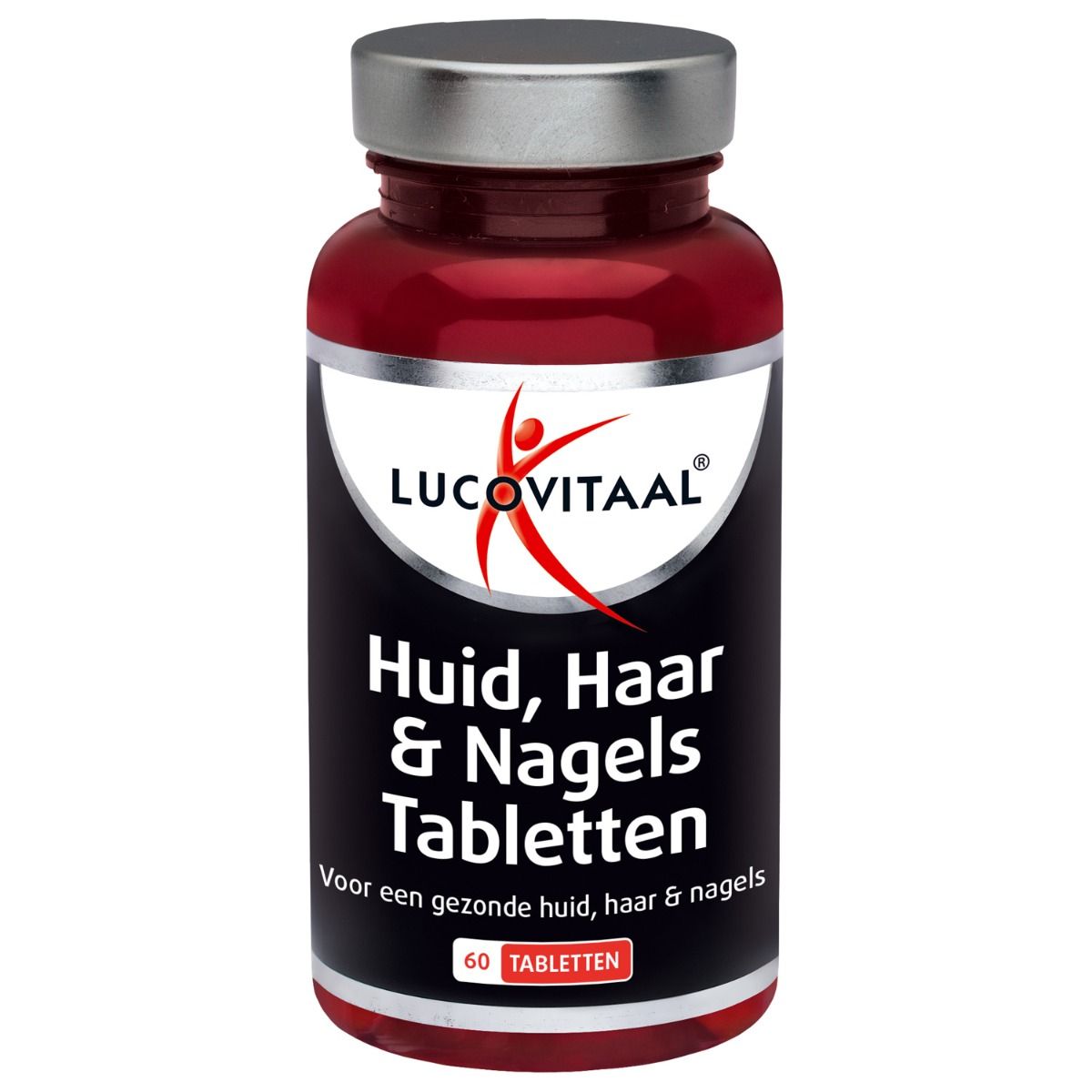 Flacon marron avec couvercle argenté. Contient 60 comprimés. Inscription : Lucovitaal Huid, Haar & Nagels Tabletten.