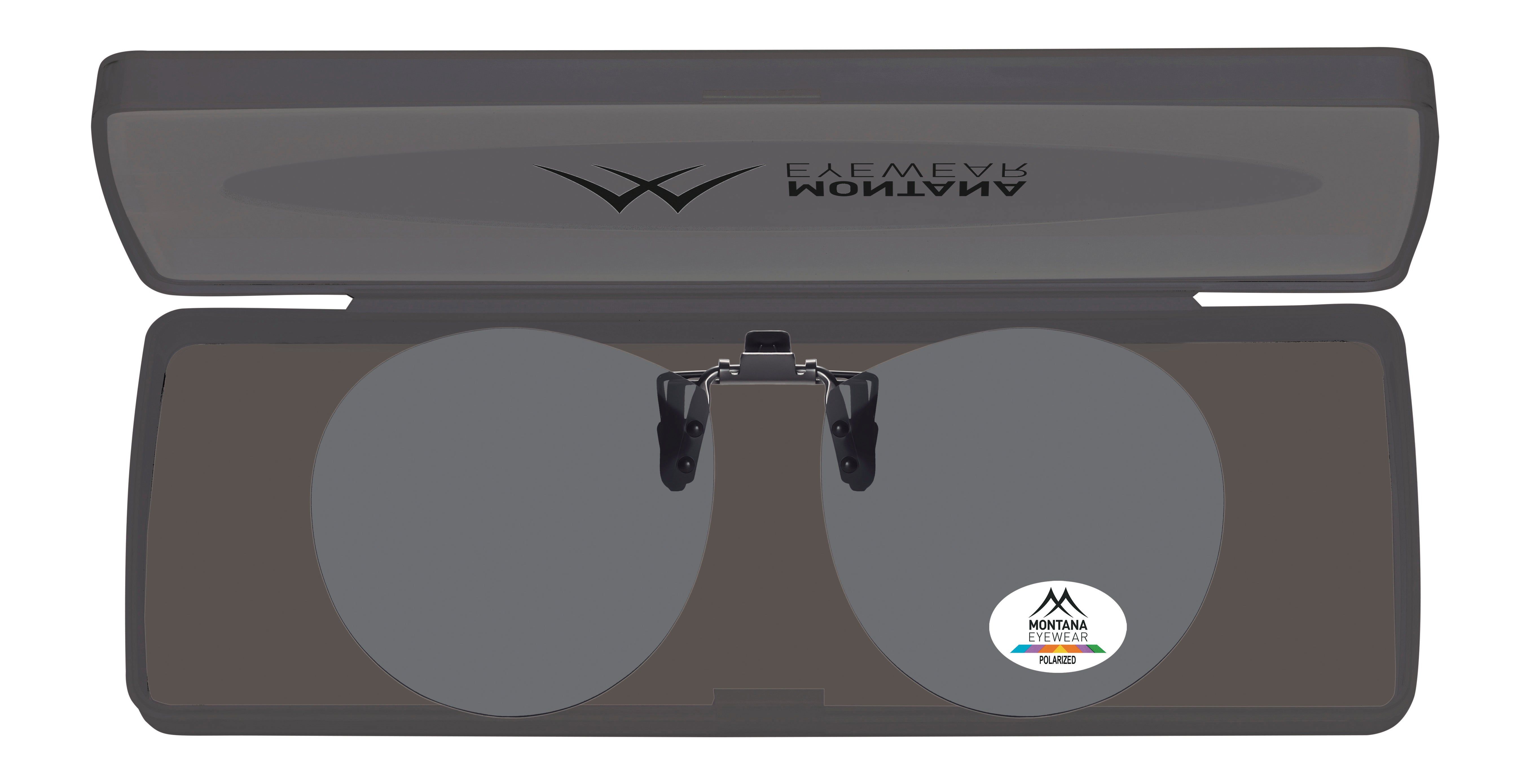 Lunettes de soleil Montana Eyewear Sopot à clipser dans un étui. Verres noirs, logo. Étui avec logo de la marque.