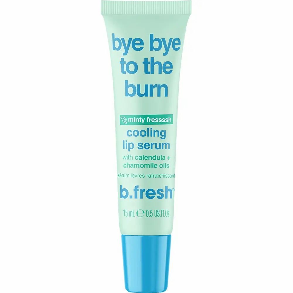 Lichtgroene tube met blauwe dop. Opschrift: Bye Bye to the Burn, Cooling Lip Serum, b.fresh. 15 ml.