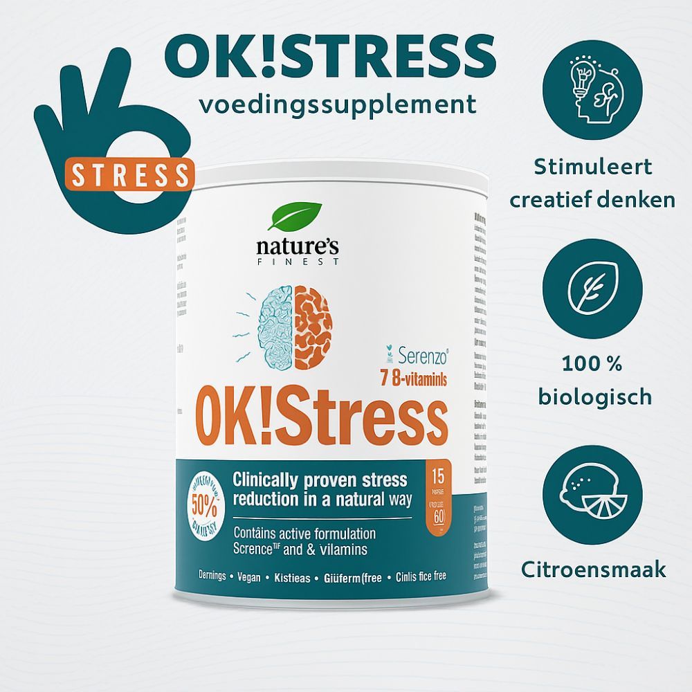 Pot "OK!Stress" met "Nature's Finest" logo. Extra info: "Voedingssupplement", "7 B-vitamines", "Citroensmaak".