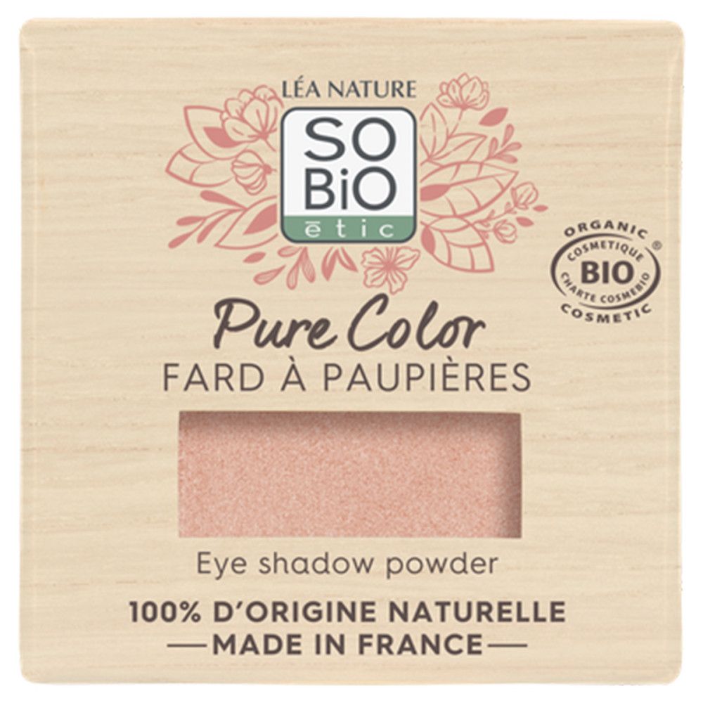 Palette de fard à paupières carrée, poudre rose. Inscriptions: SO'BiO étic, Pure Color, Fard à Paupières, 100% d'origine naturelle, Made in France.