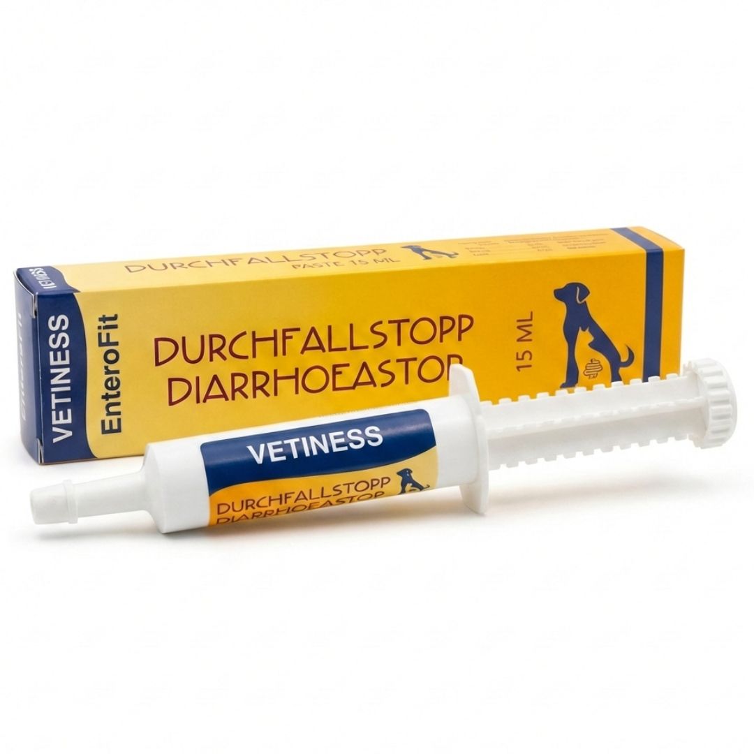 Emballage du produit et applicateur. Texte : Stop diarrhée Diarrhoeastop. Nom du produit : Vetiness EnteroFit. 15 ml.