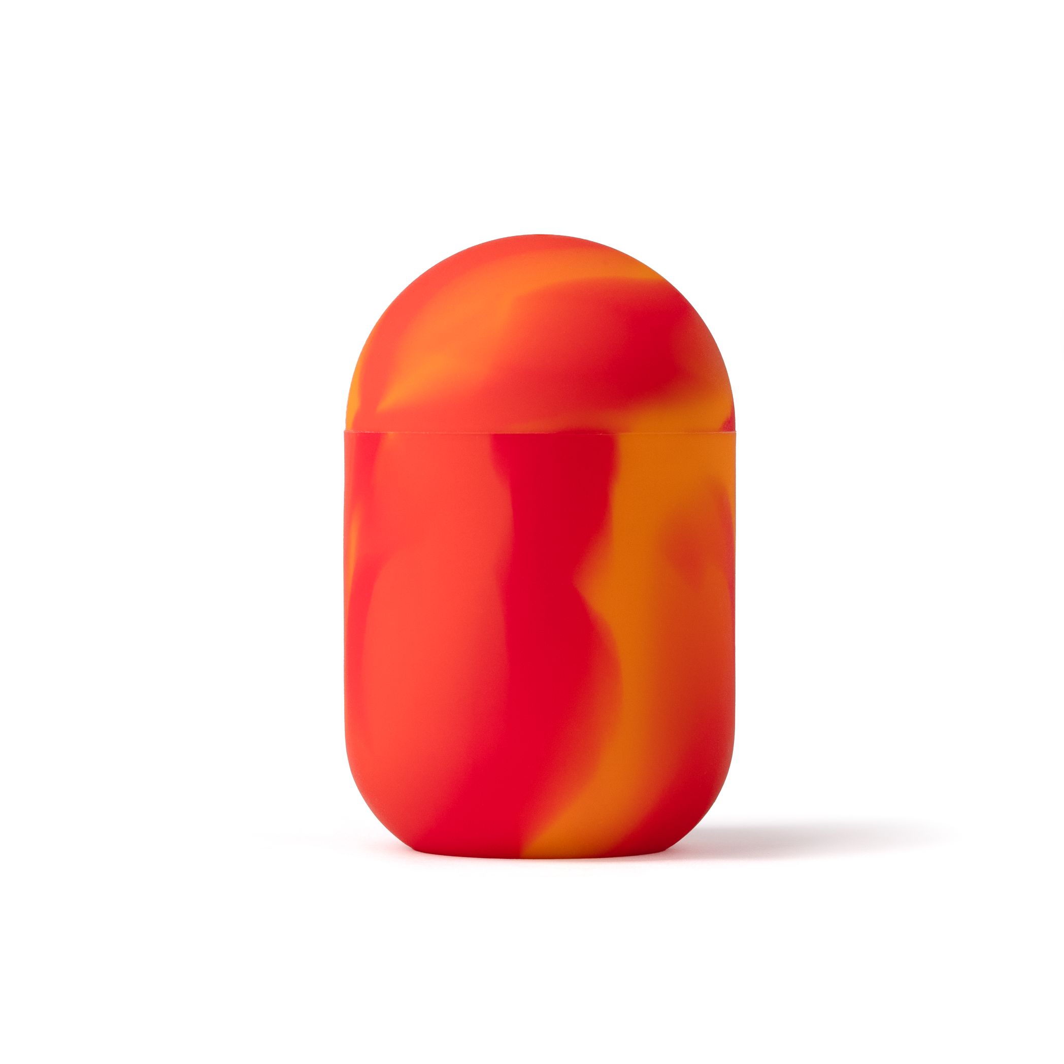 Récipient de nettoyage rouge-jaune-orangé fermé. Forme arrondie. Matériau en silicone.