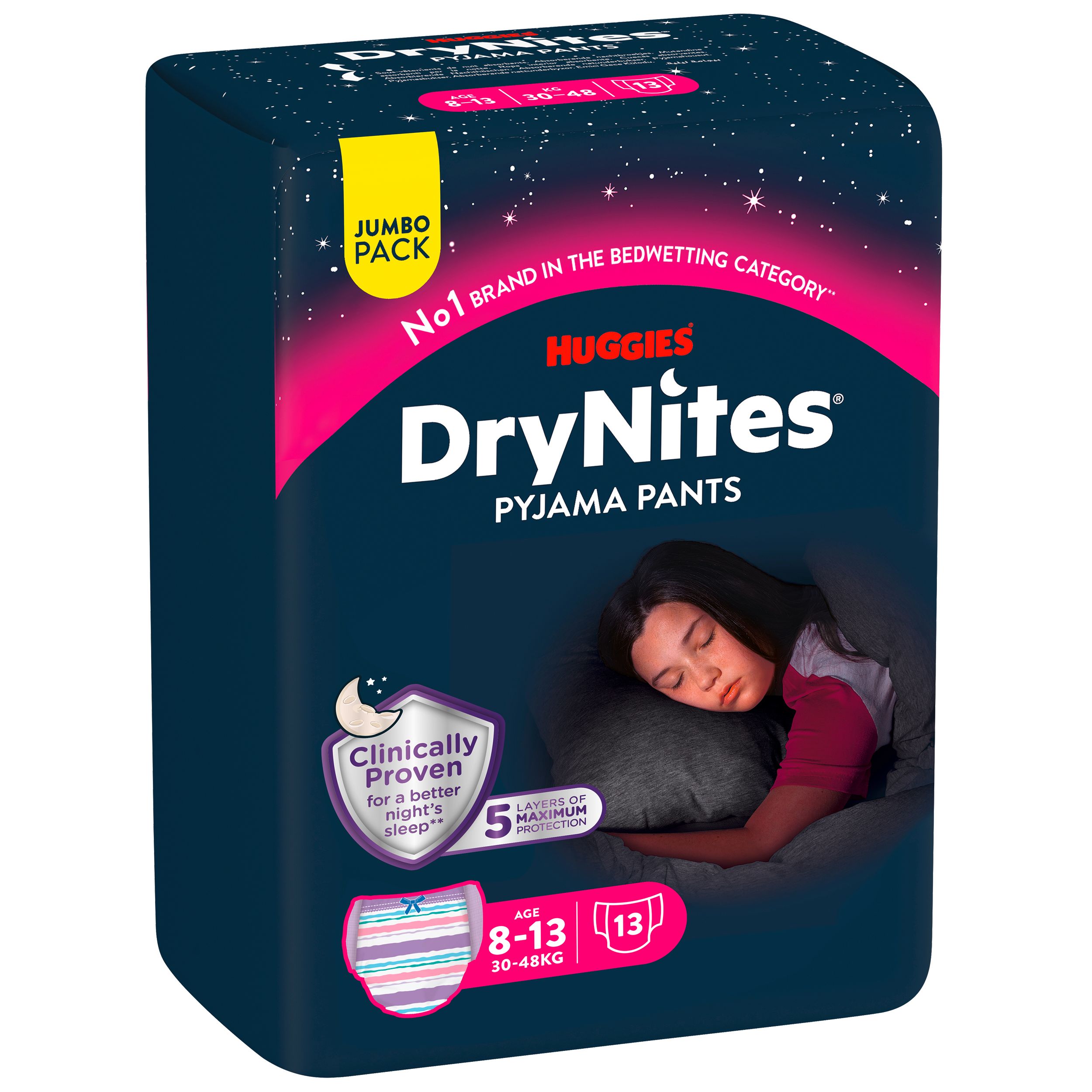 Huggies DryNites Pyjama Pants, Jumbo Pack. Voor meisjes 8-13 jaar, 30-48 kg. 5 lagen bescherming. Slapend meisje op de verpakking.