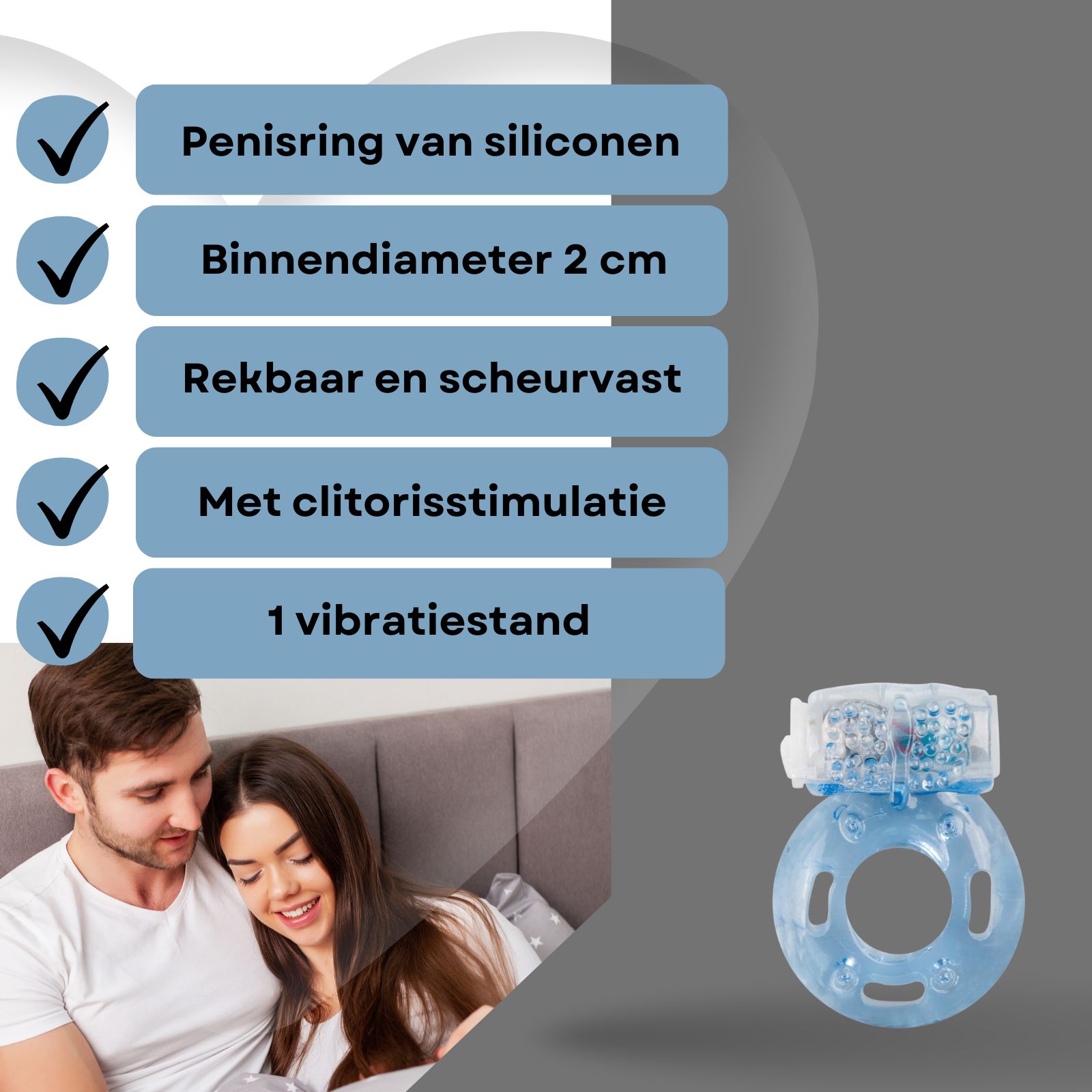 Koppel in bed. Penisring met vibrerende opzet, blauwe kleur.