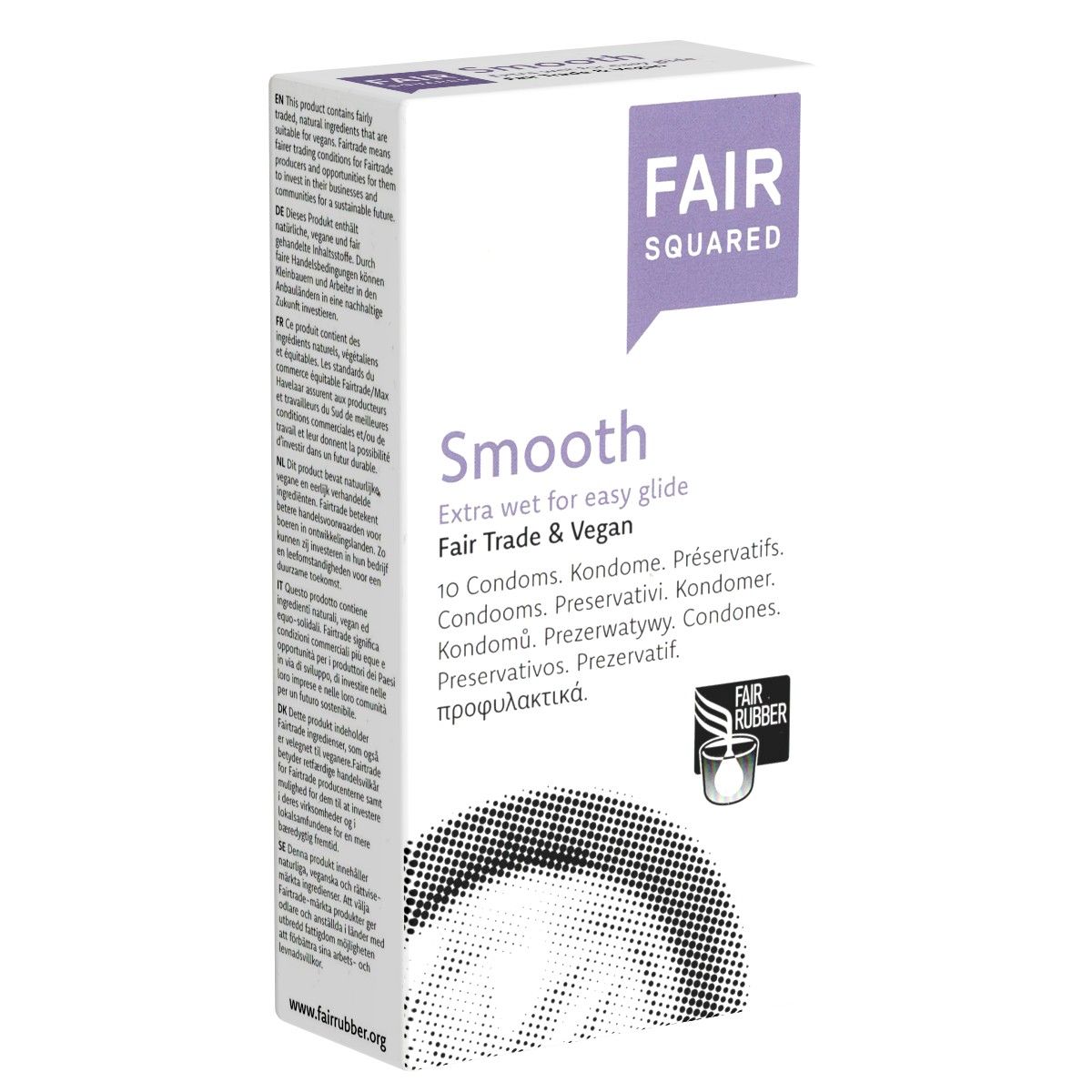 Boîte "Smooth" de "Fair Squared". Contient 10 préservatifs. Label Fair Trade et Vegan. Texte multilingue sur l'emballage.