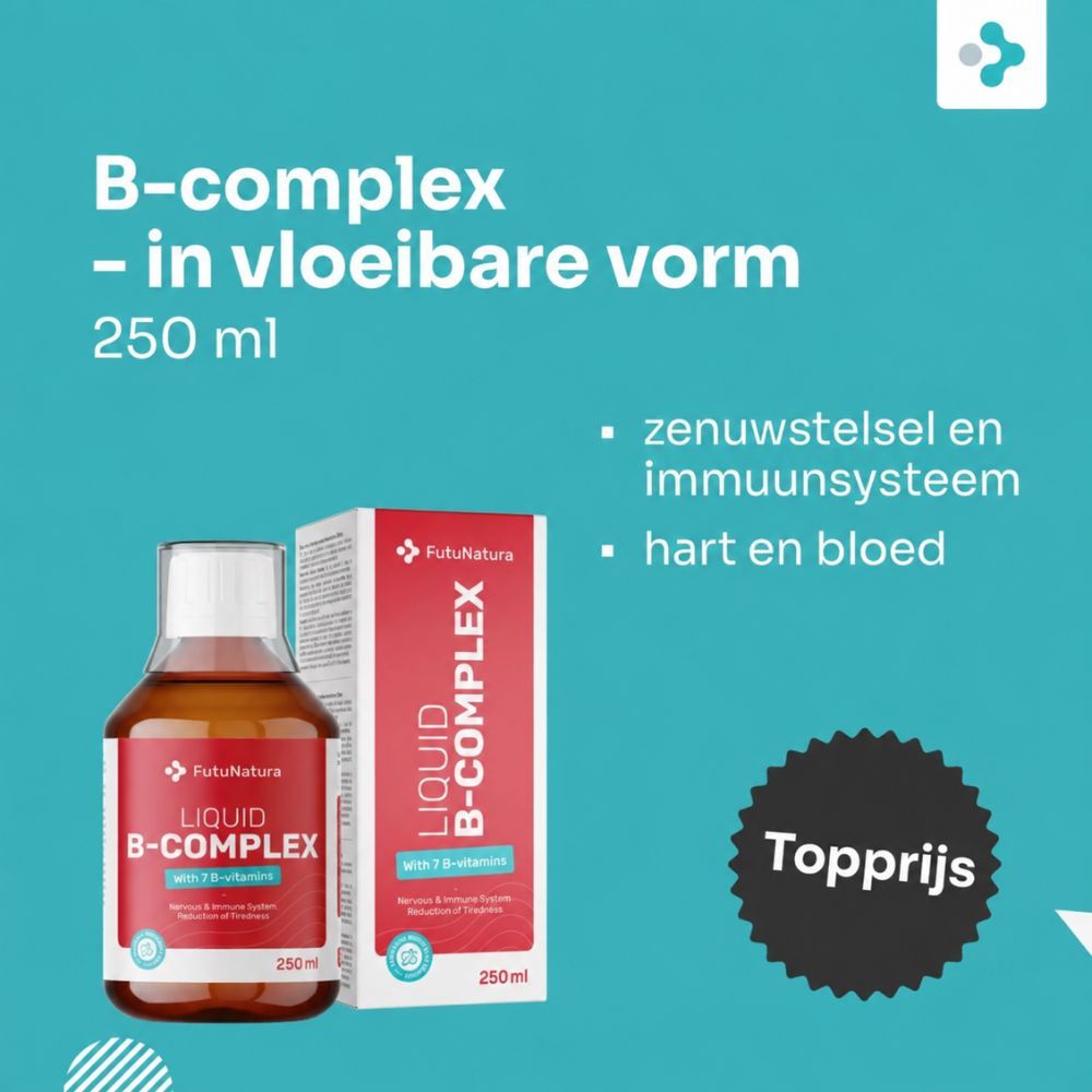 Fles en doos FutuNatura B-complex vloeibaar met fruit.