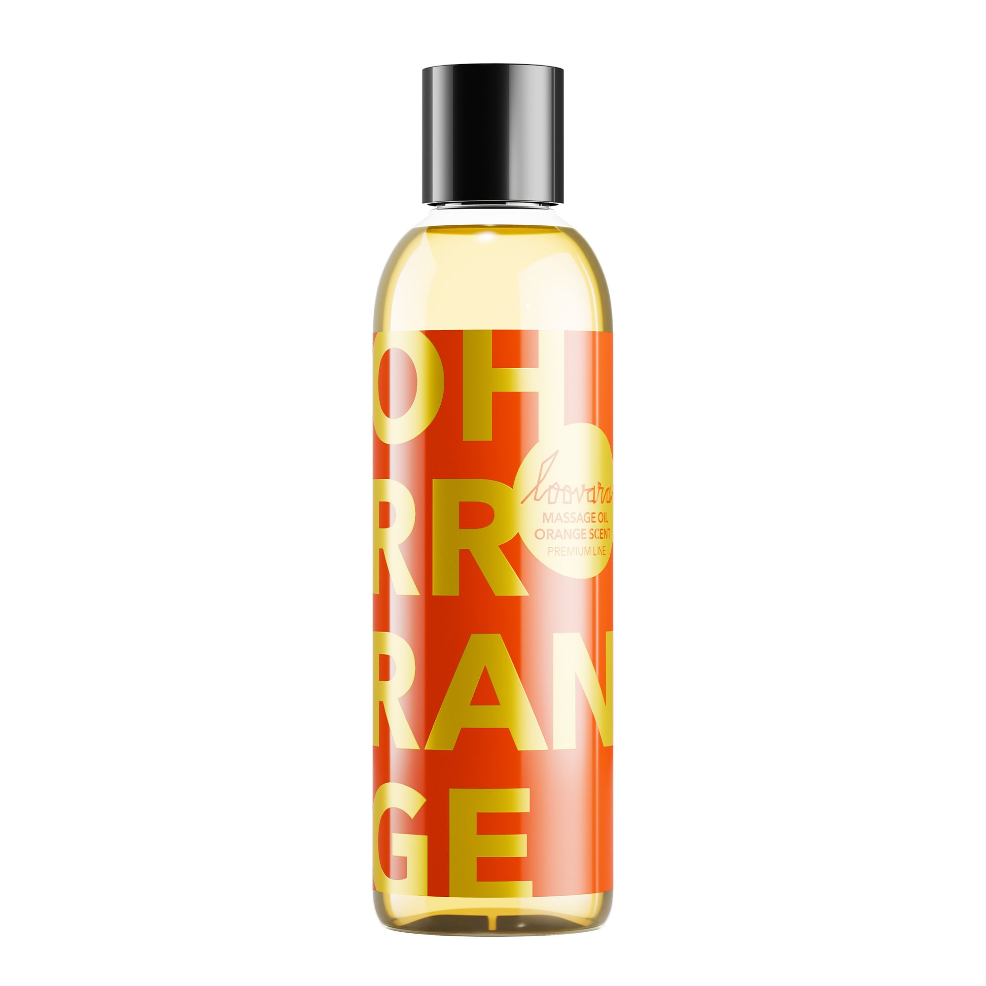 Fles Loovara Oh Rrrange massageolie met oranje etiket en gele tekst.