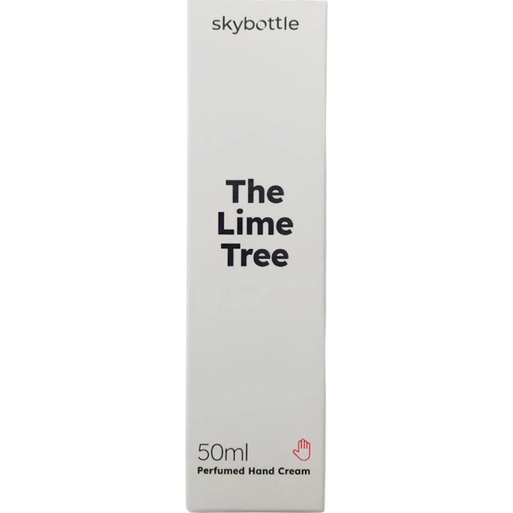 Emballage blanc pour la crème pour les mains SKYBOTTLE "The Lime Tree". Texte: "The Lime Tree", "50ml Perfumed Hand Cream". Symbole de main.