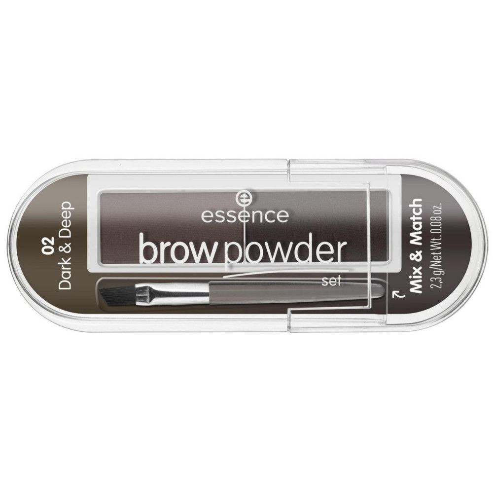 Set de poudre à sourcils dans un emballage transparent. Contient deux teintes, un pinceau et l'inscription "brow powder set".