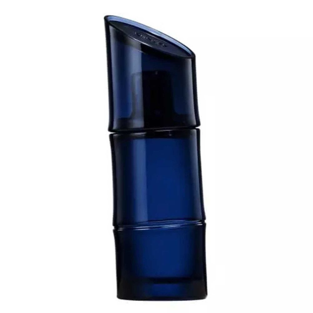 Flacon bleu foncé. Le flacon a une forme de bambou.